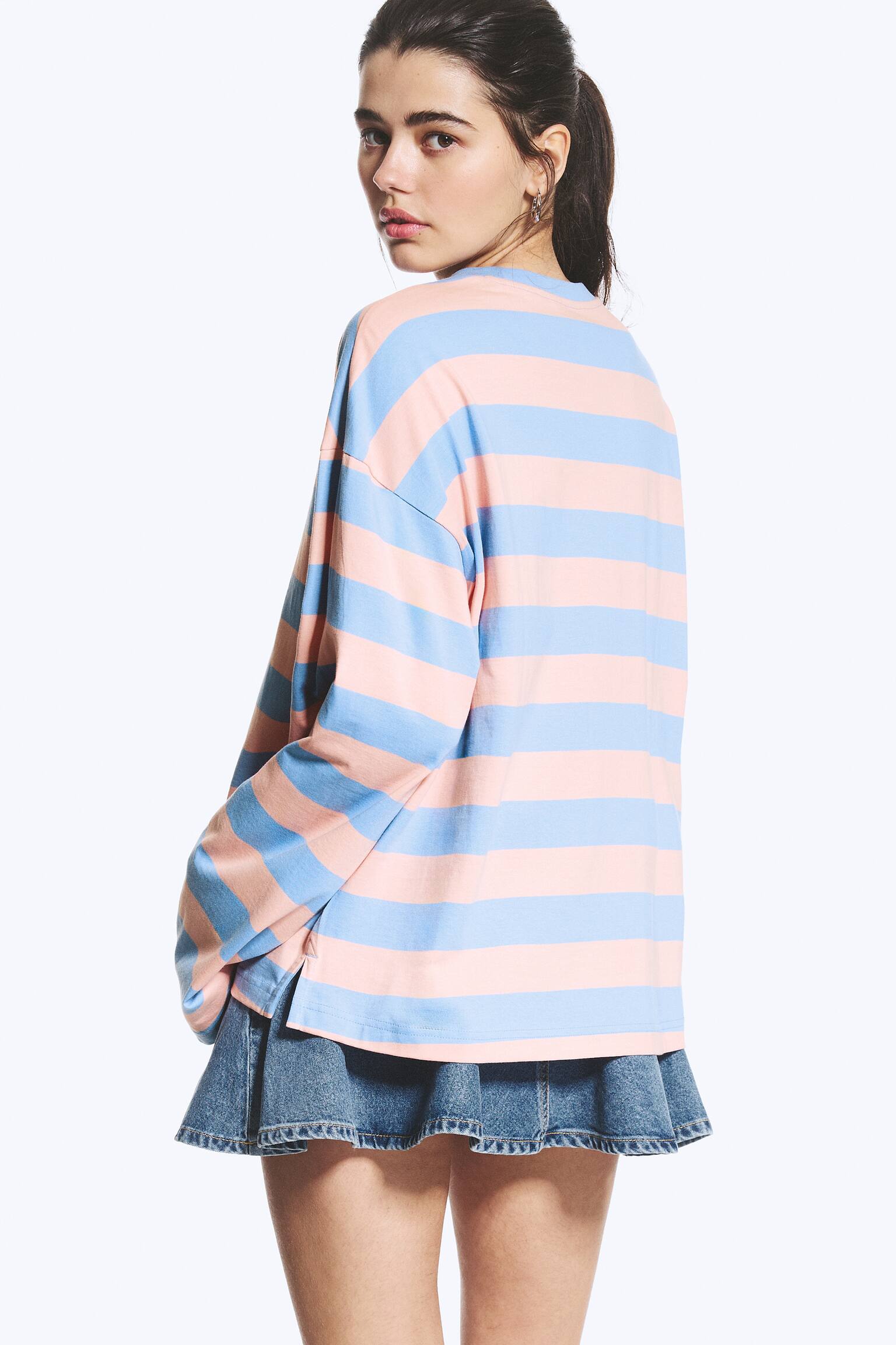 Tricou din bumbac cu mâneci lungi-În dungi roz/albastru - 5