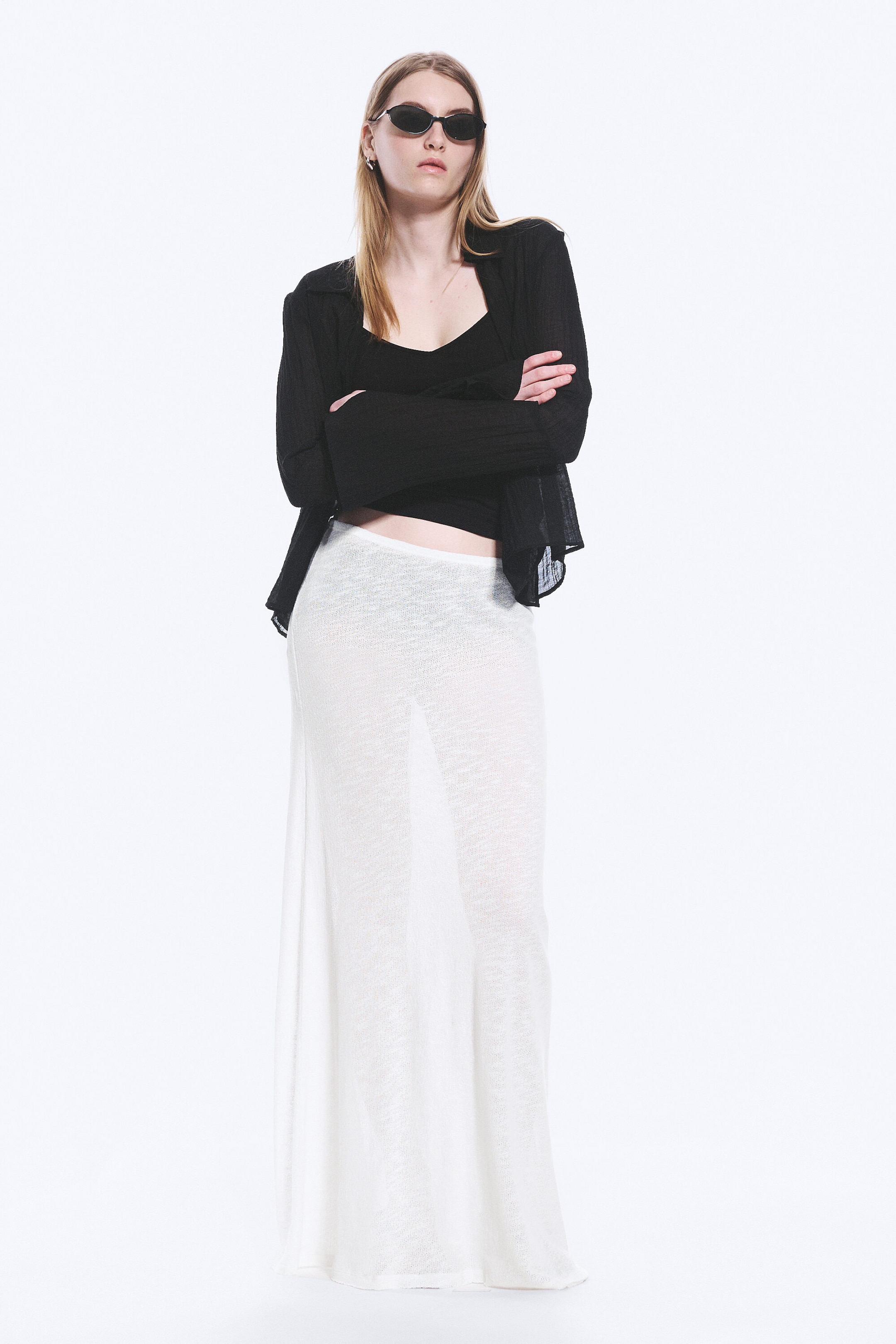 White - Sheer Cotton Knit Maxi Skirt - 1
