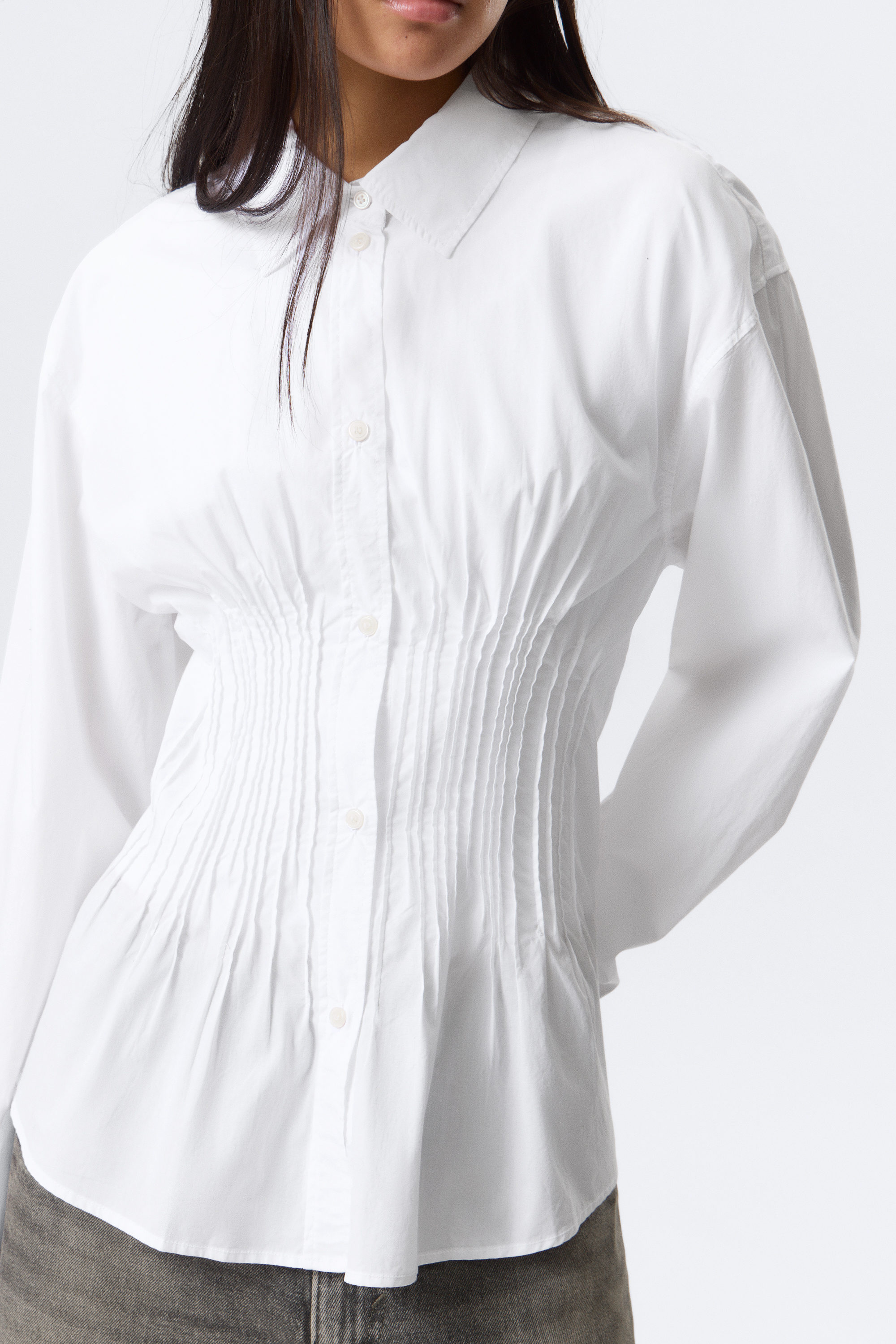 White - Gathered Waist Cotton Poplin Shirt - 2