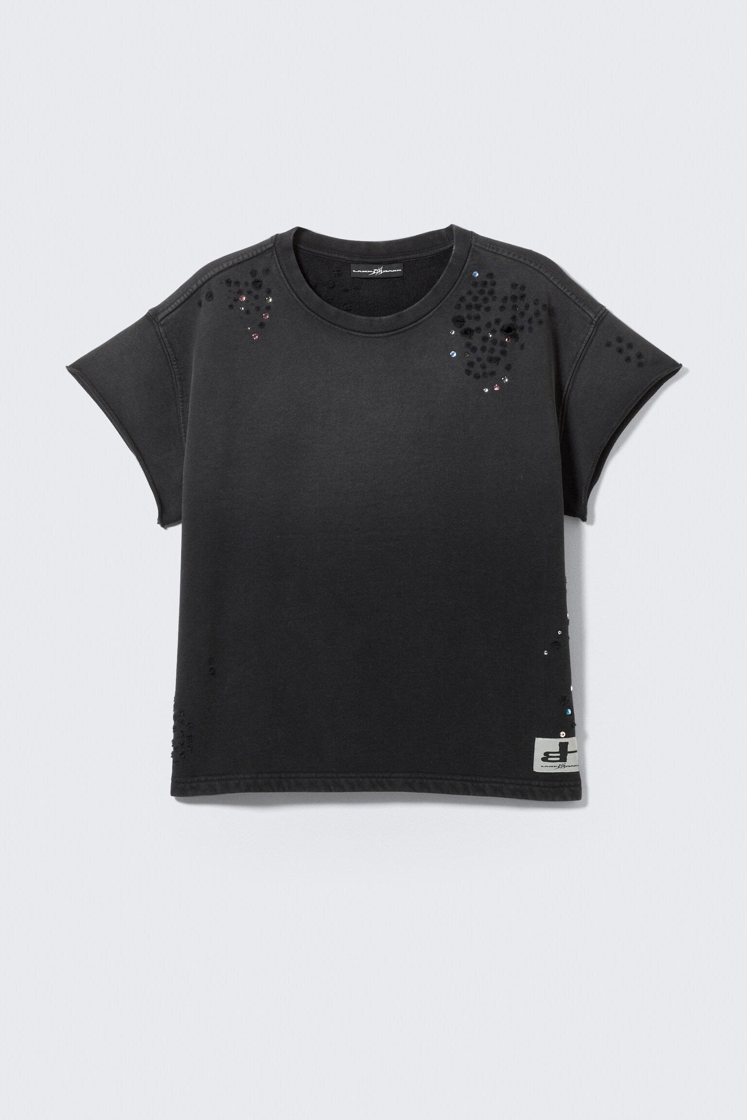 T-shirt quadrada unissexo com cristais CM x LB - Preto desbotado