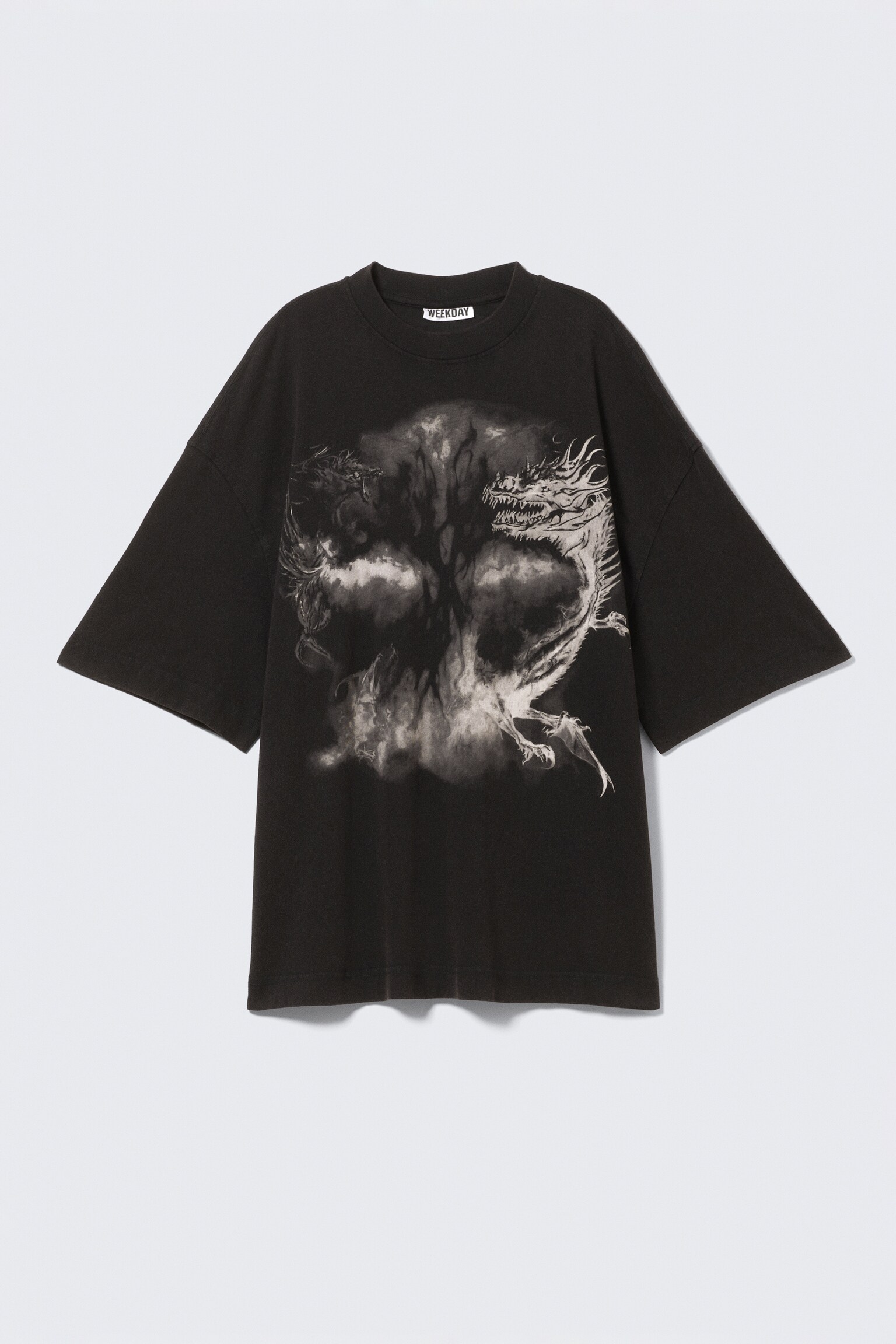 Szeroki T-shirt z nadrukiem oversize - Black - Dragon - 2