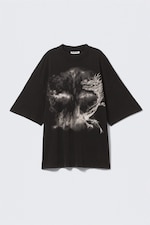 Black - Dragon - Wide Oversized Printed T-shirt - 0