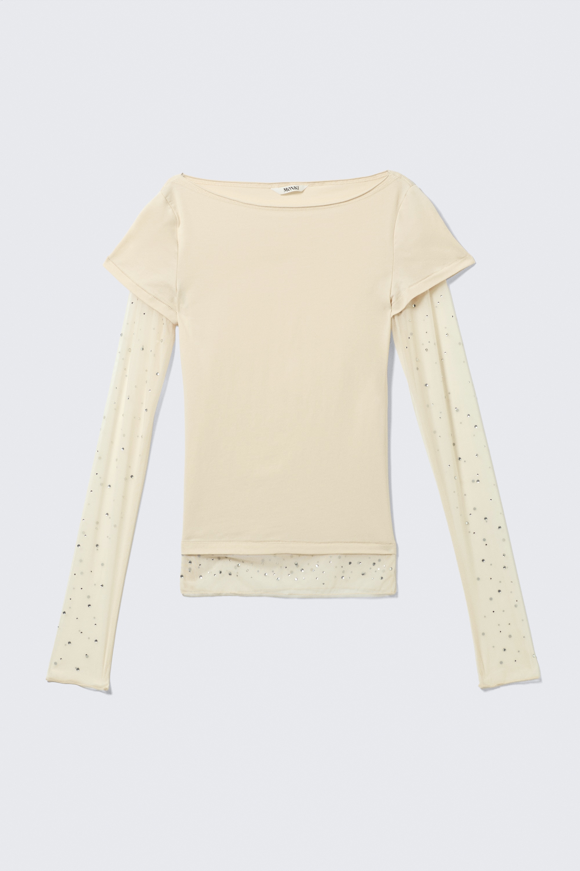 Haut à manches en maille ornée de strass - Beige/Noir