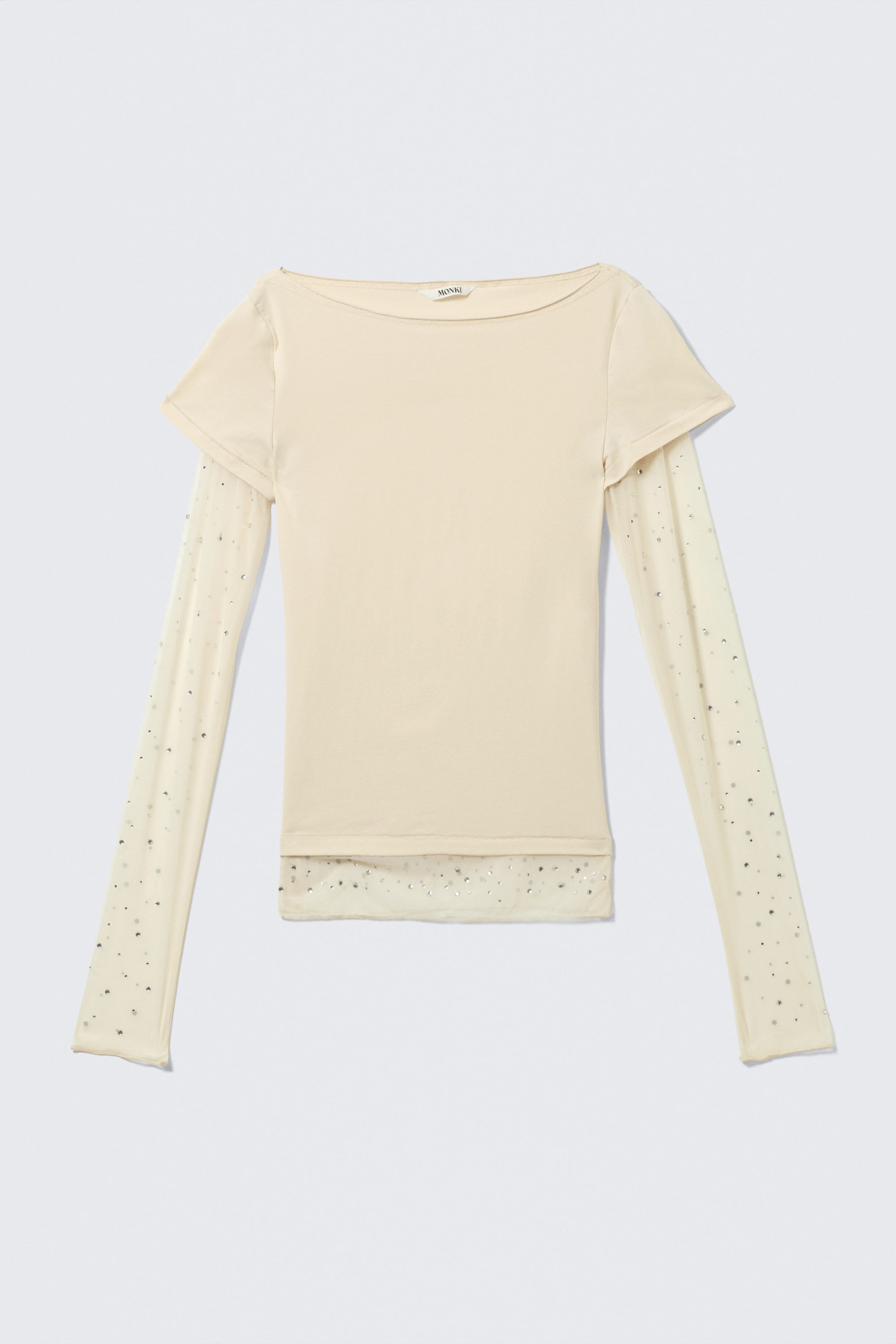 Beige - Rhinestone Mesh-Sleeve Top - 3