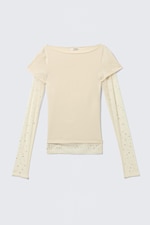 Beige - Rhinestone Mesh-Sleeve Top - 3