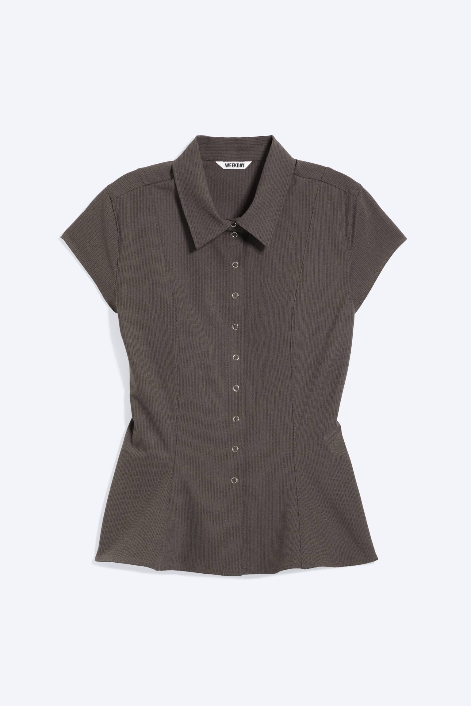 Slim fit krátký rukávový kreponový košile - Tmavě Hnědá/Bílá/Tmavě hnědá - 1
