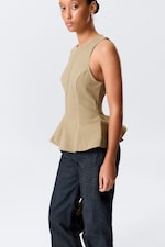 Beige - Fitted Nylon Peplum Top - 2