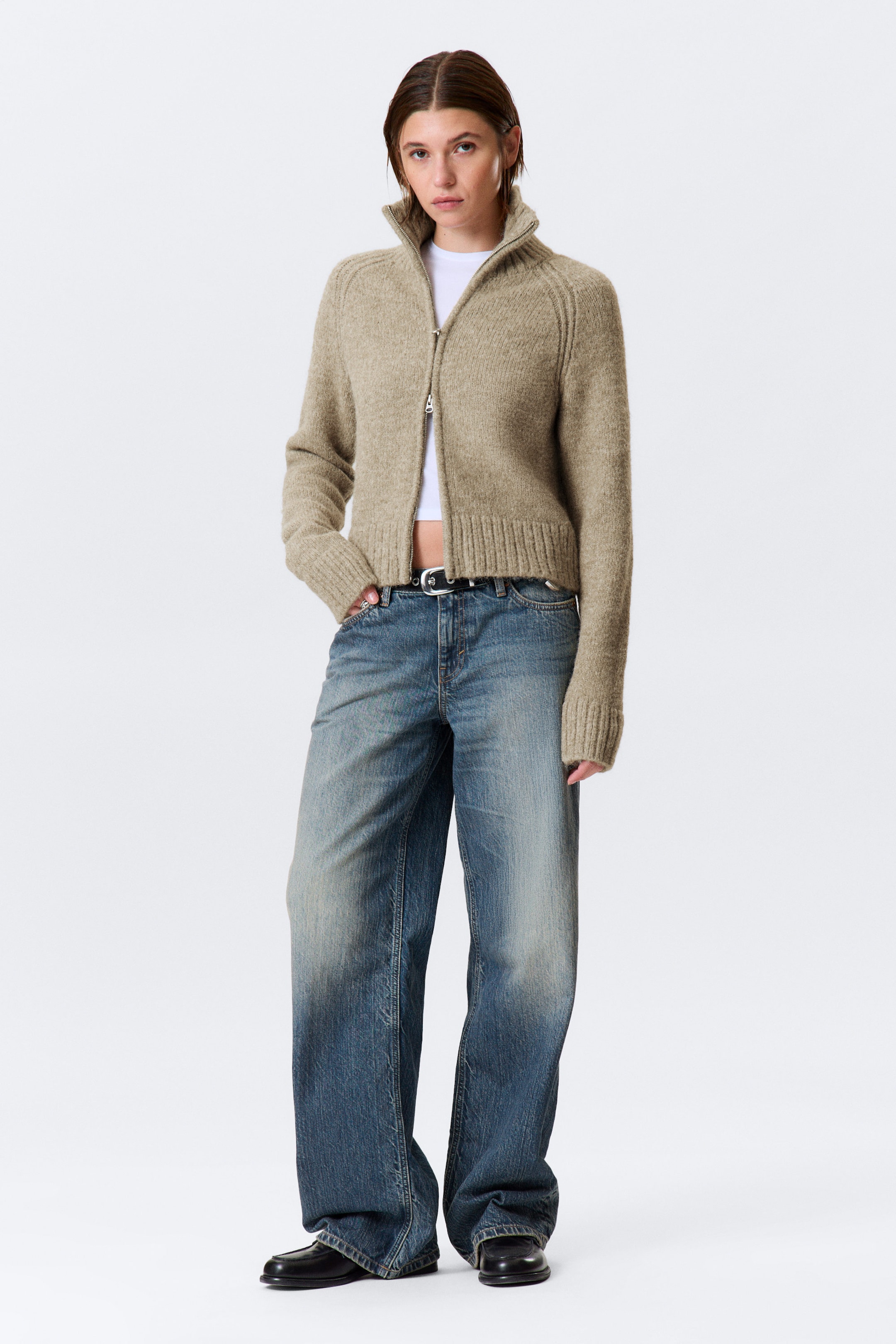 Beige meliert - Weicher Strick-Cardigan mit Reißverschluss - 1