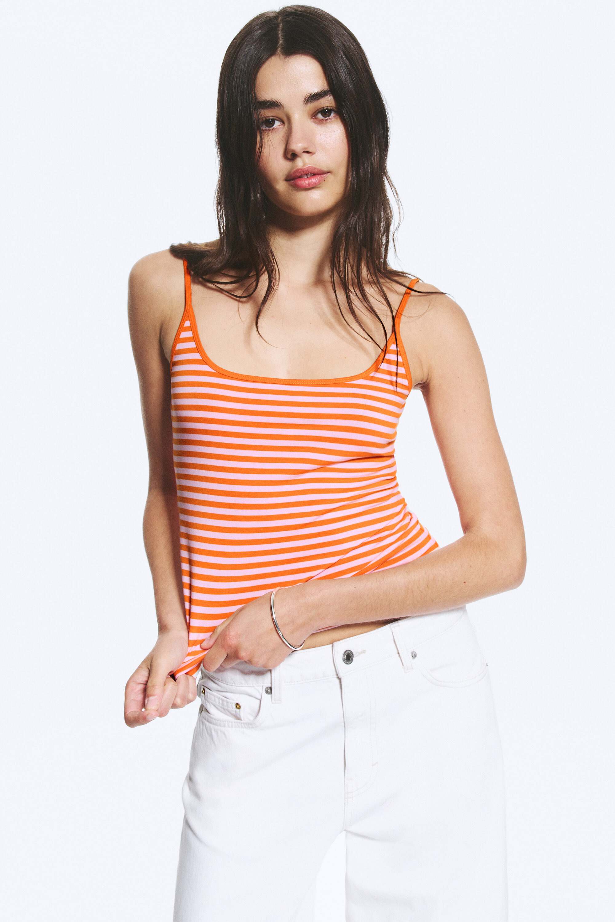 【あんな様】Multicolor Stripe TankTop slim strap tank top - Striped Pink/Orange | Monki EU