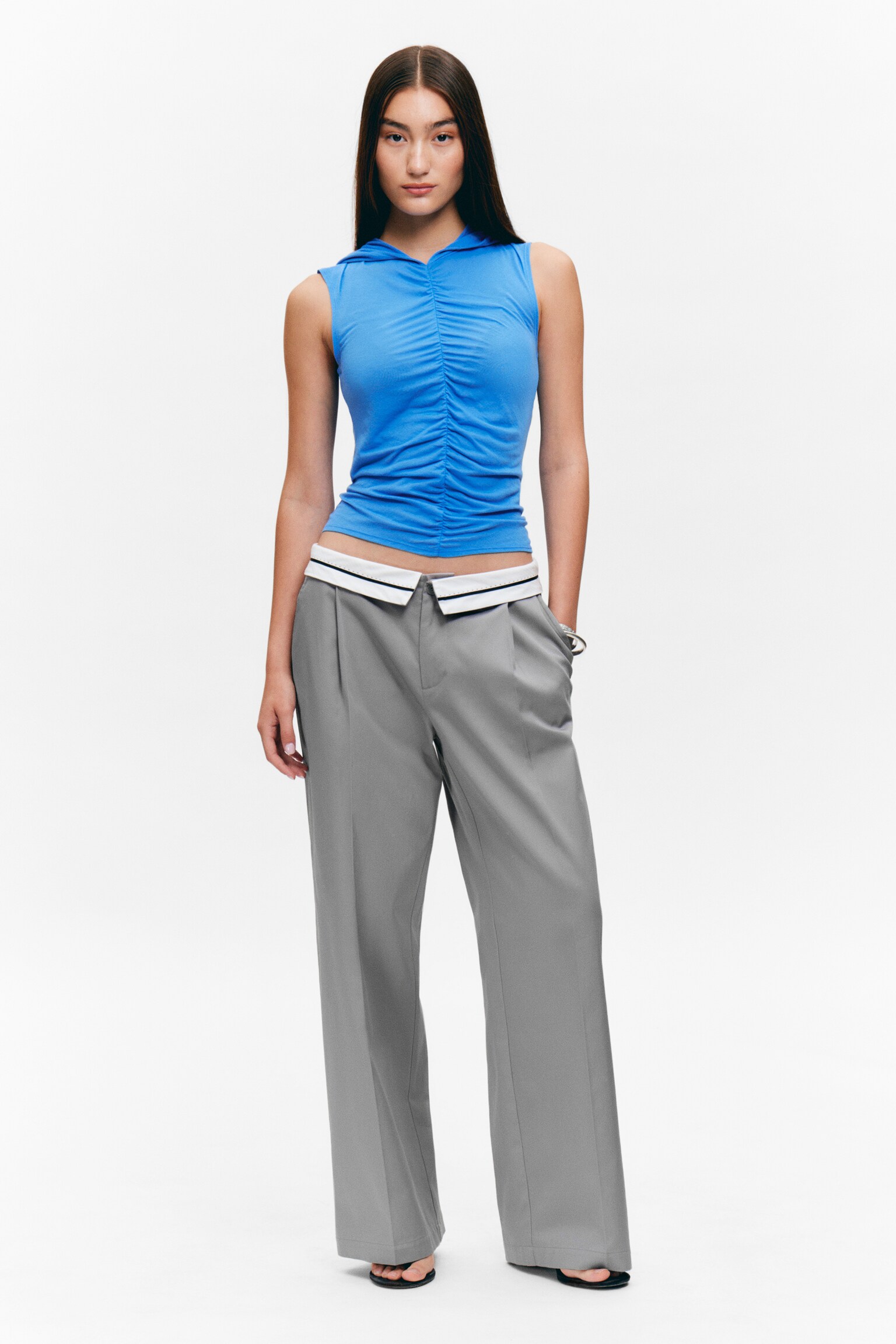Ruched Hooded Tank Top - Blue/Light Beige - 3