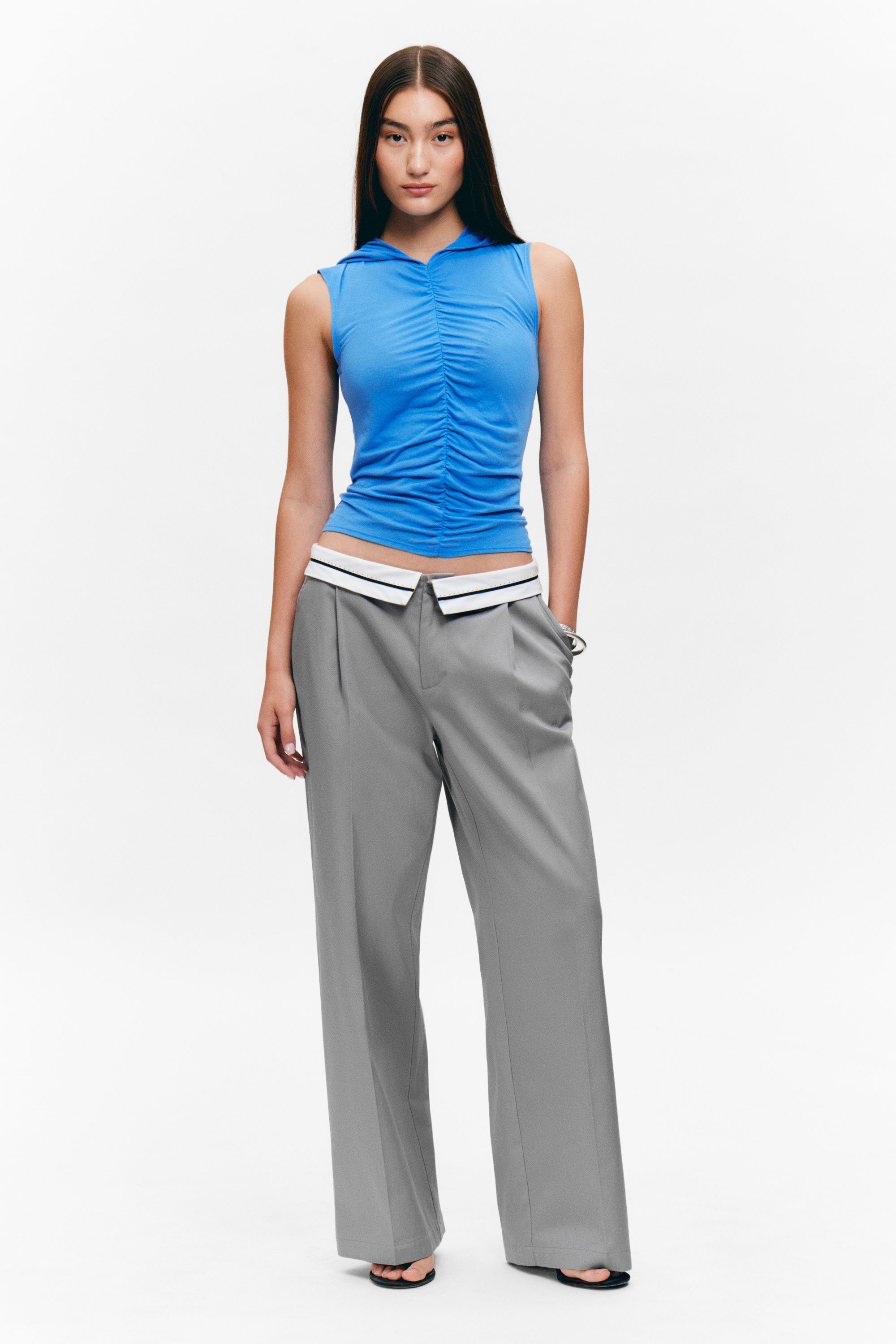 Blue - Ruched Hooded Tank Top - 2