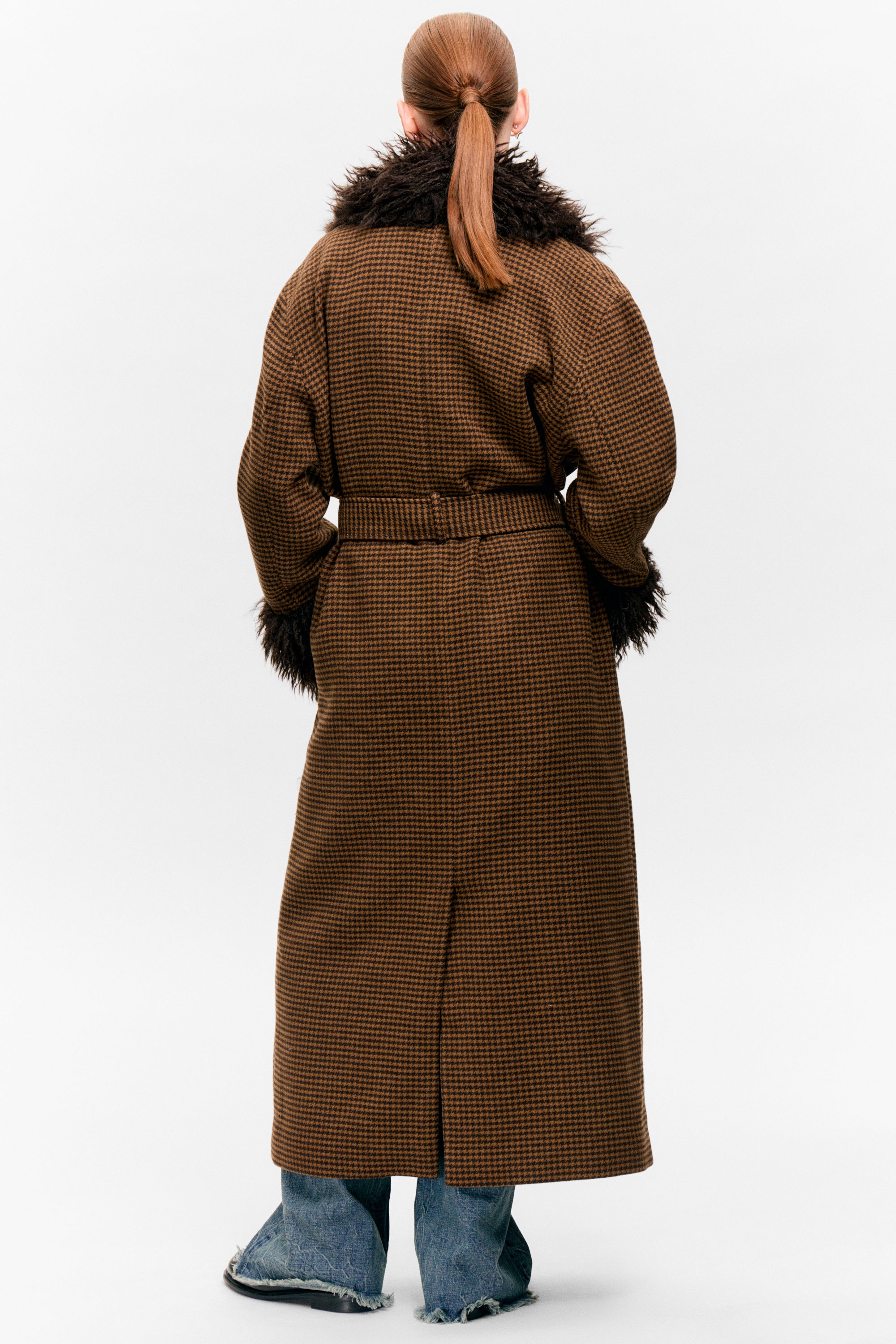 Checked Brown - Brown Faux Fur - Long Oversized Coat with Faux-Fur Trims - 3