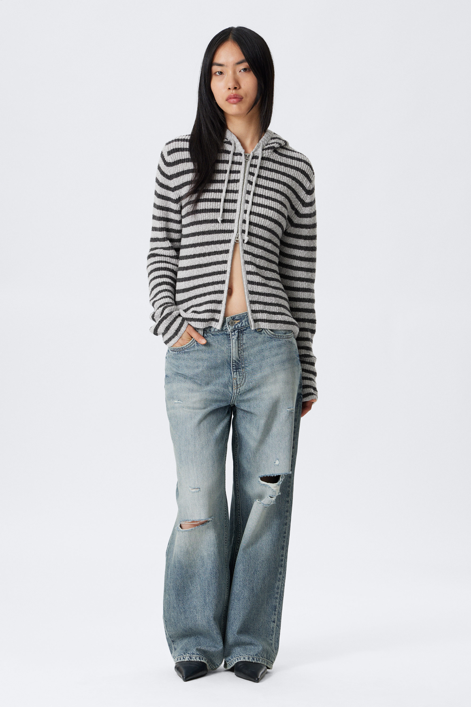 Striped Grey Melange - Striped Knitted Slim Fit Zip Hoodie - 2