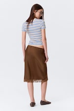 Dark Brown - Mid Rise Satin Lace Midi Skirt - 2