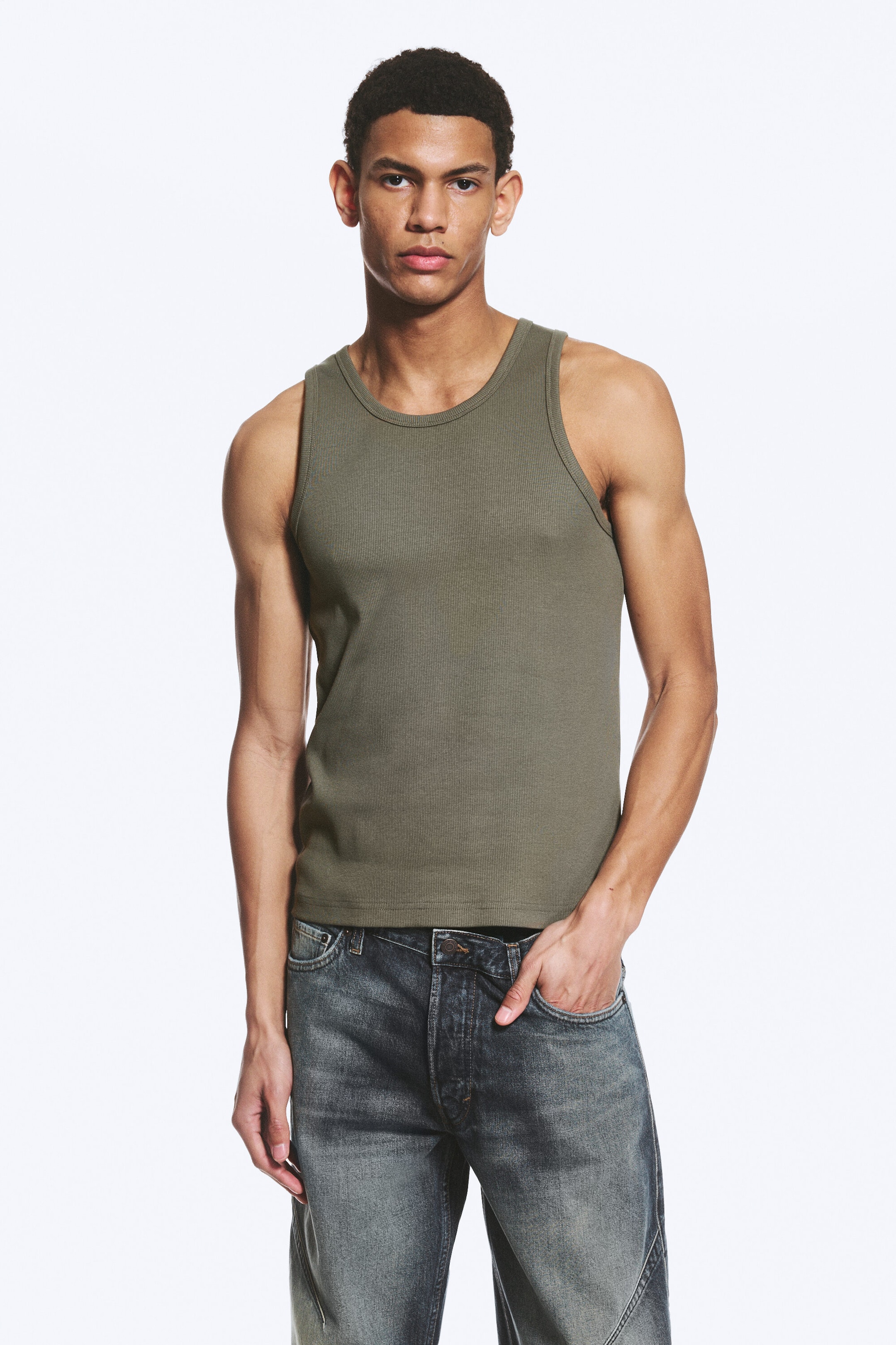 Licht vaal kakigroen - Klassieke geribde tanktop - 1