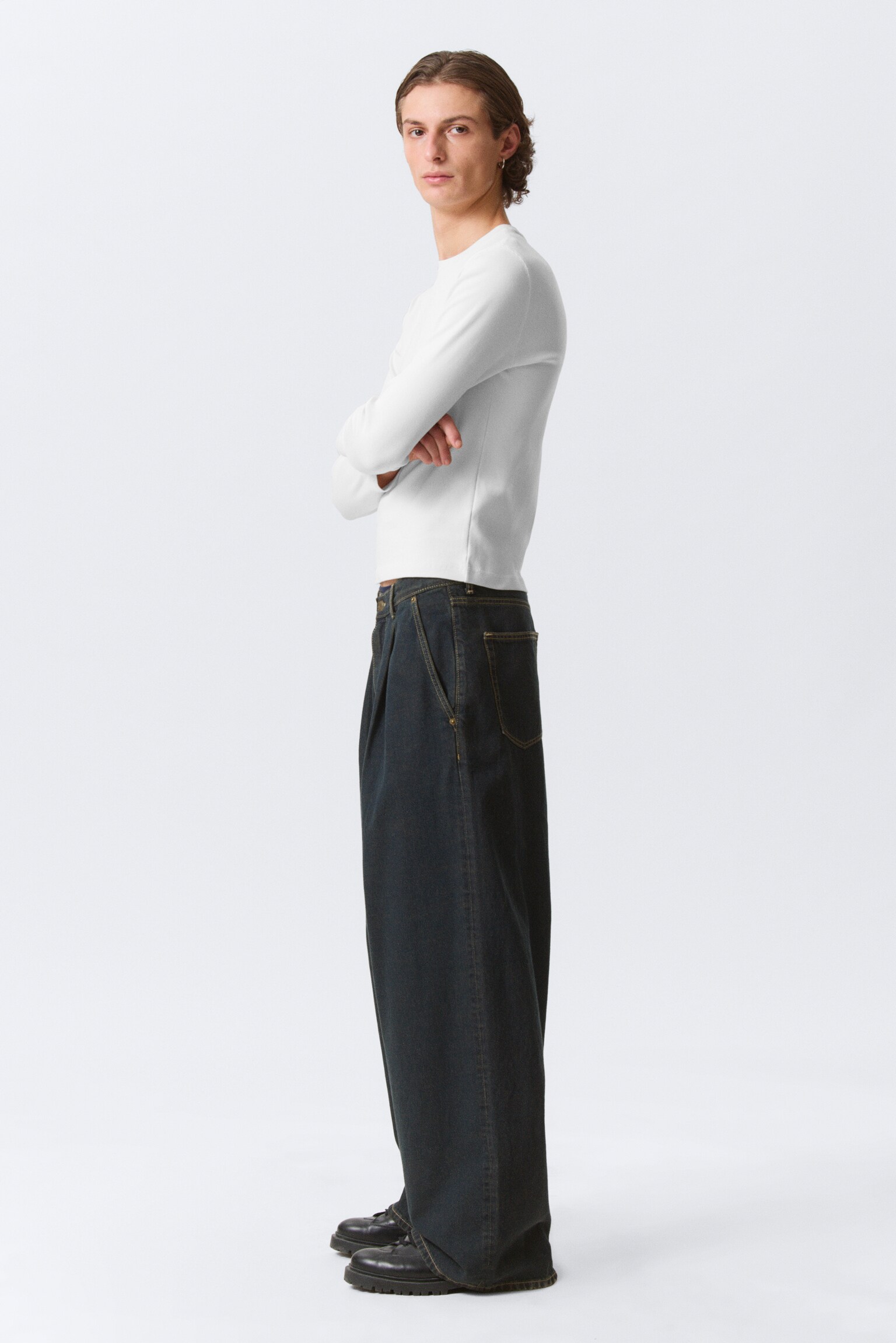 Pleated Loose Baggy Leg Jeans - Emerald Rinse - Mörkblå - 3