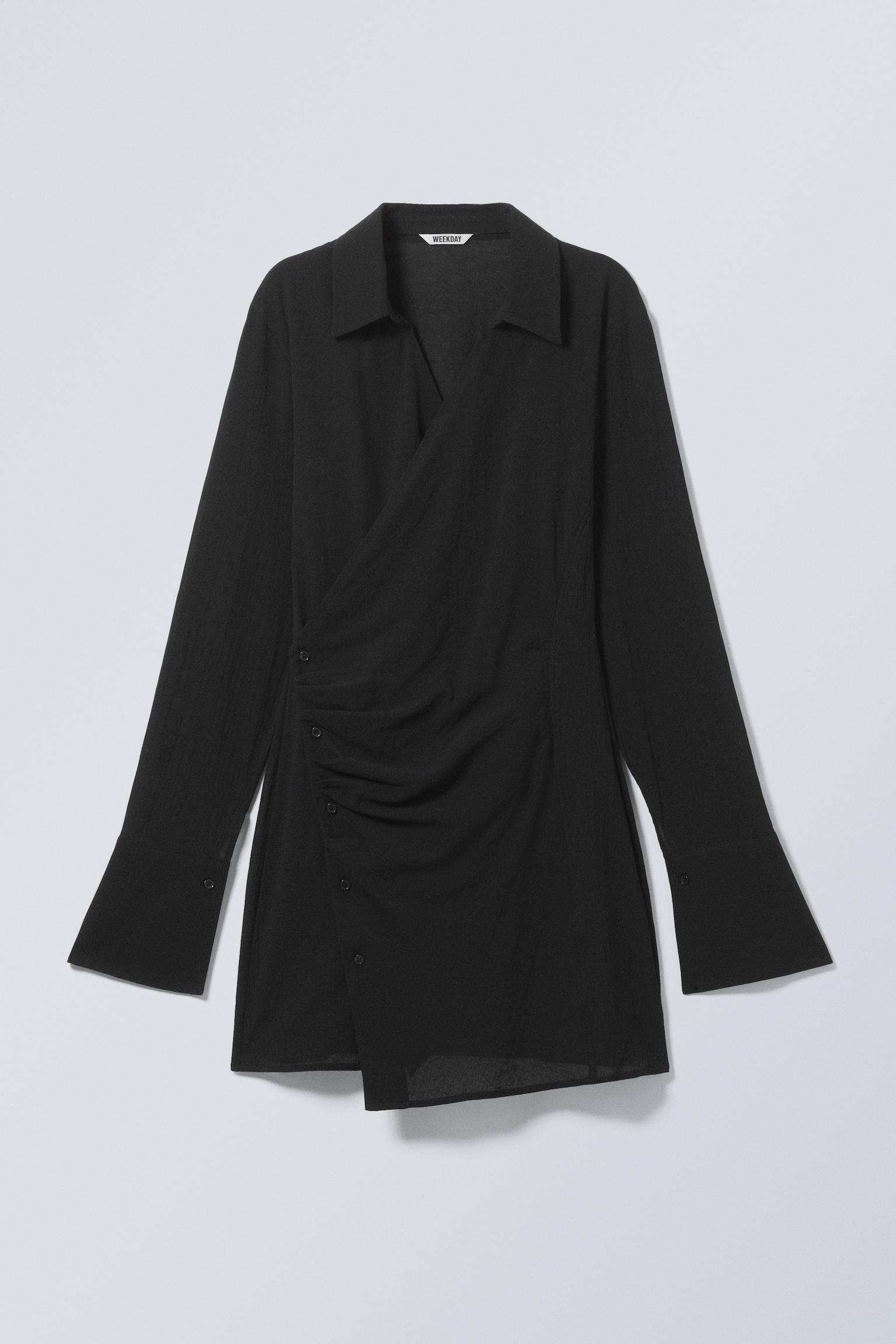 Long-Sleeved Asymmetric Mini Shirt Dress - Black/Wit/Blauw gestreept/Zwart