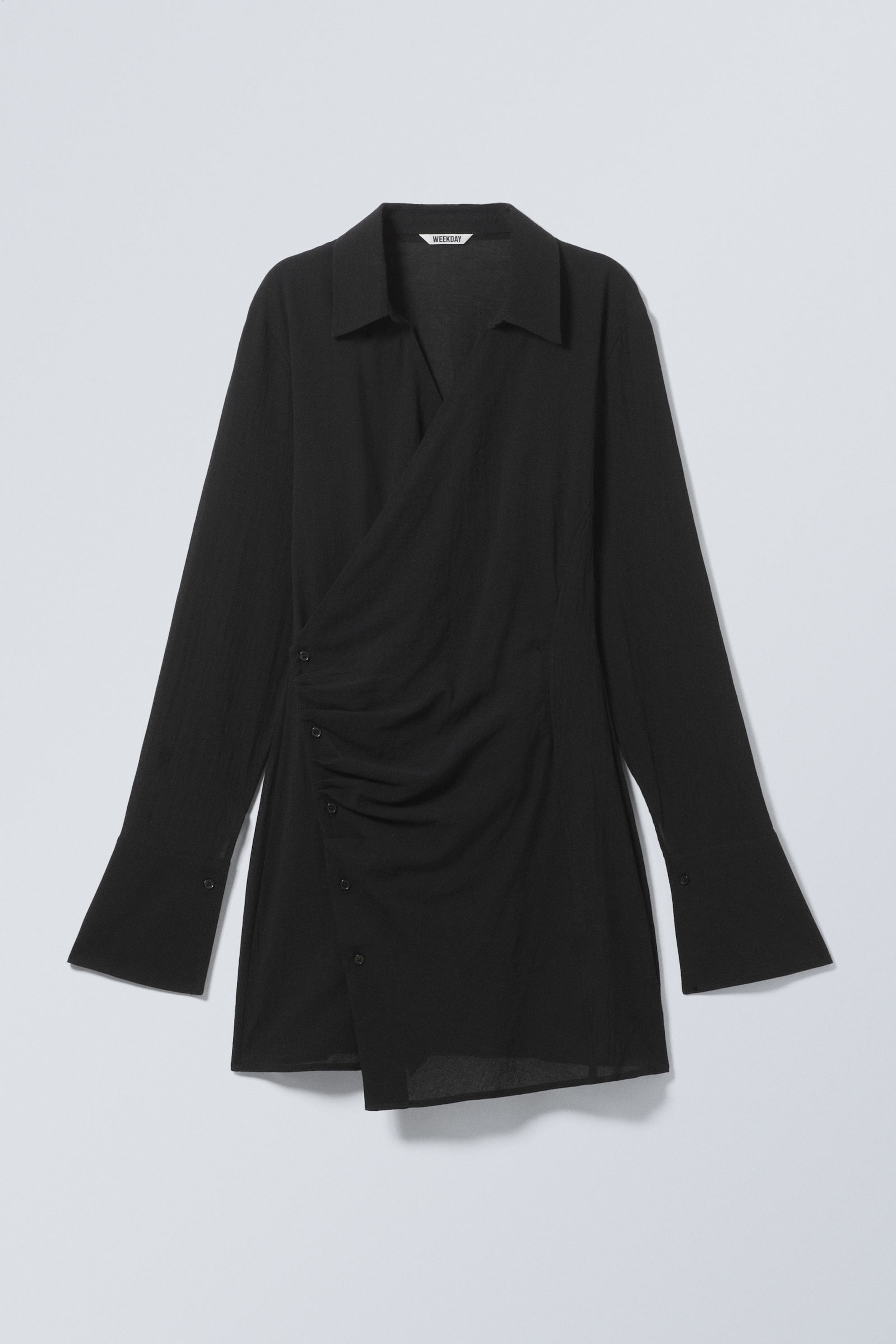 Black - Long-Sleeved Asymmetric Mini Shirt Dress - 3