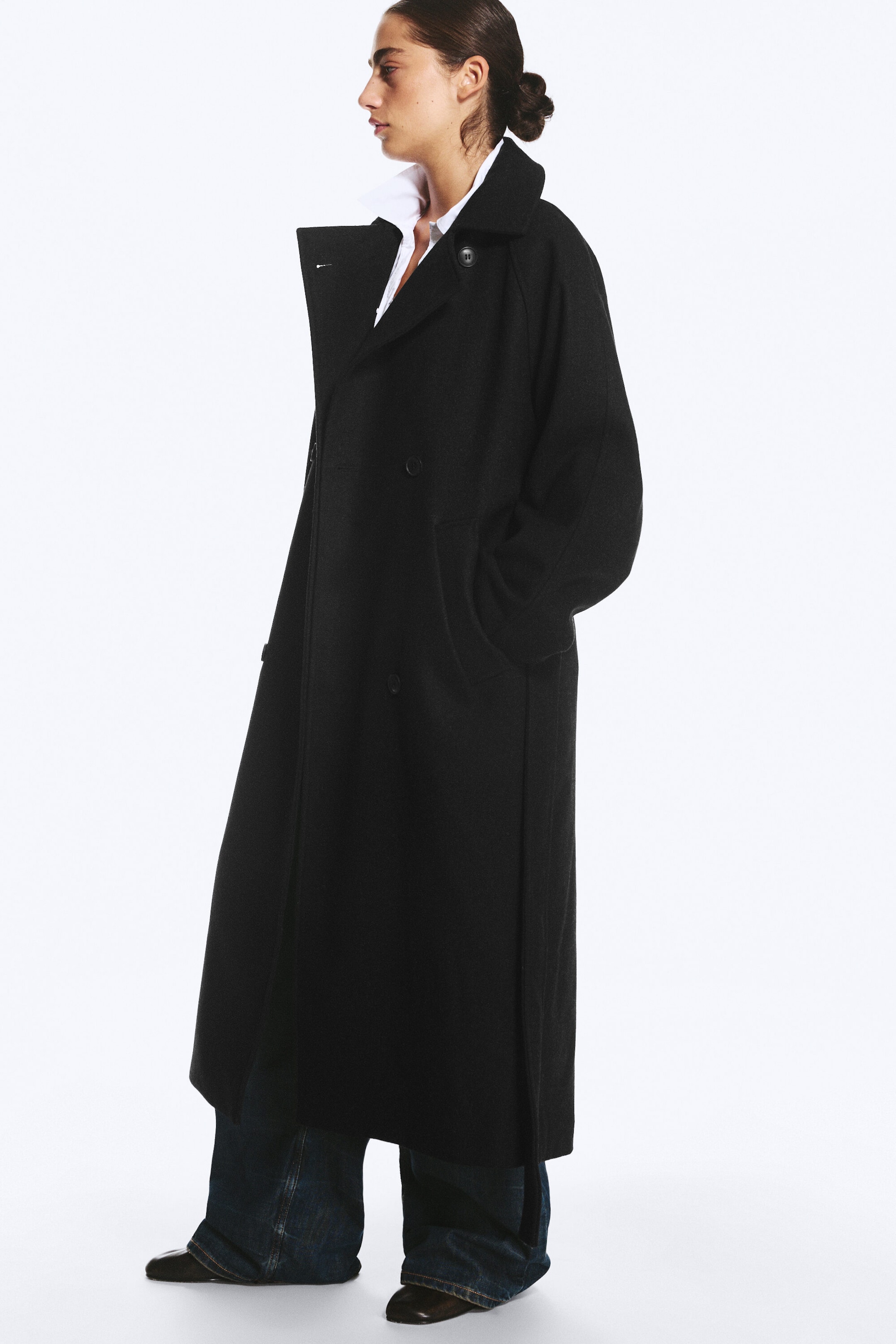 Black Melange - Kia Oversized Wool-Blend Double-Breasted Coat - 3