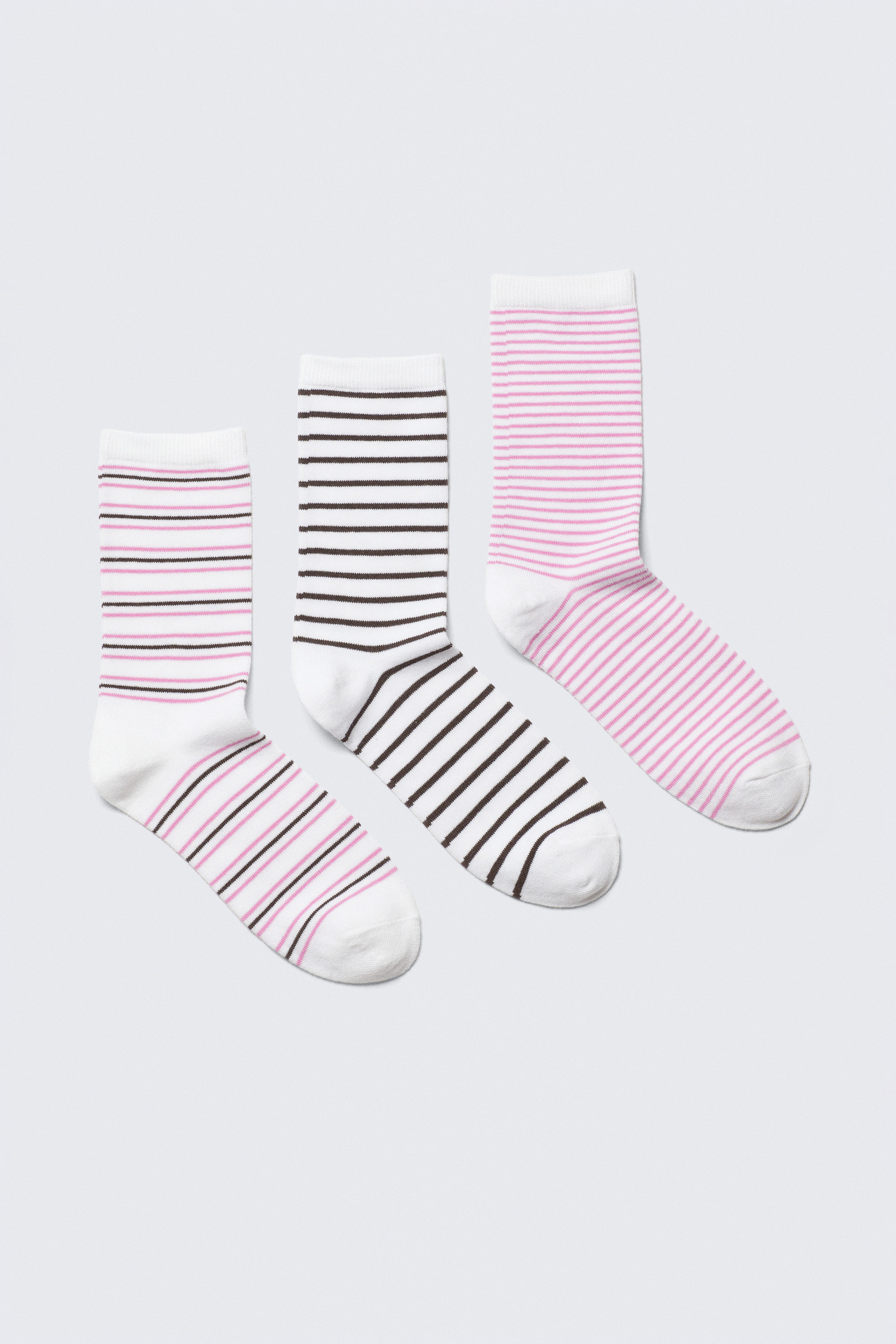 White - Black & Pink Stripes - 3-pack Striped Crew Socks