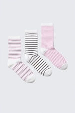 White - Black & Pink Stripes - 3-pack Striped Crew Socks - 0
