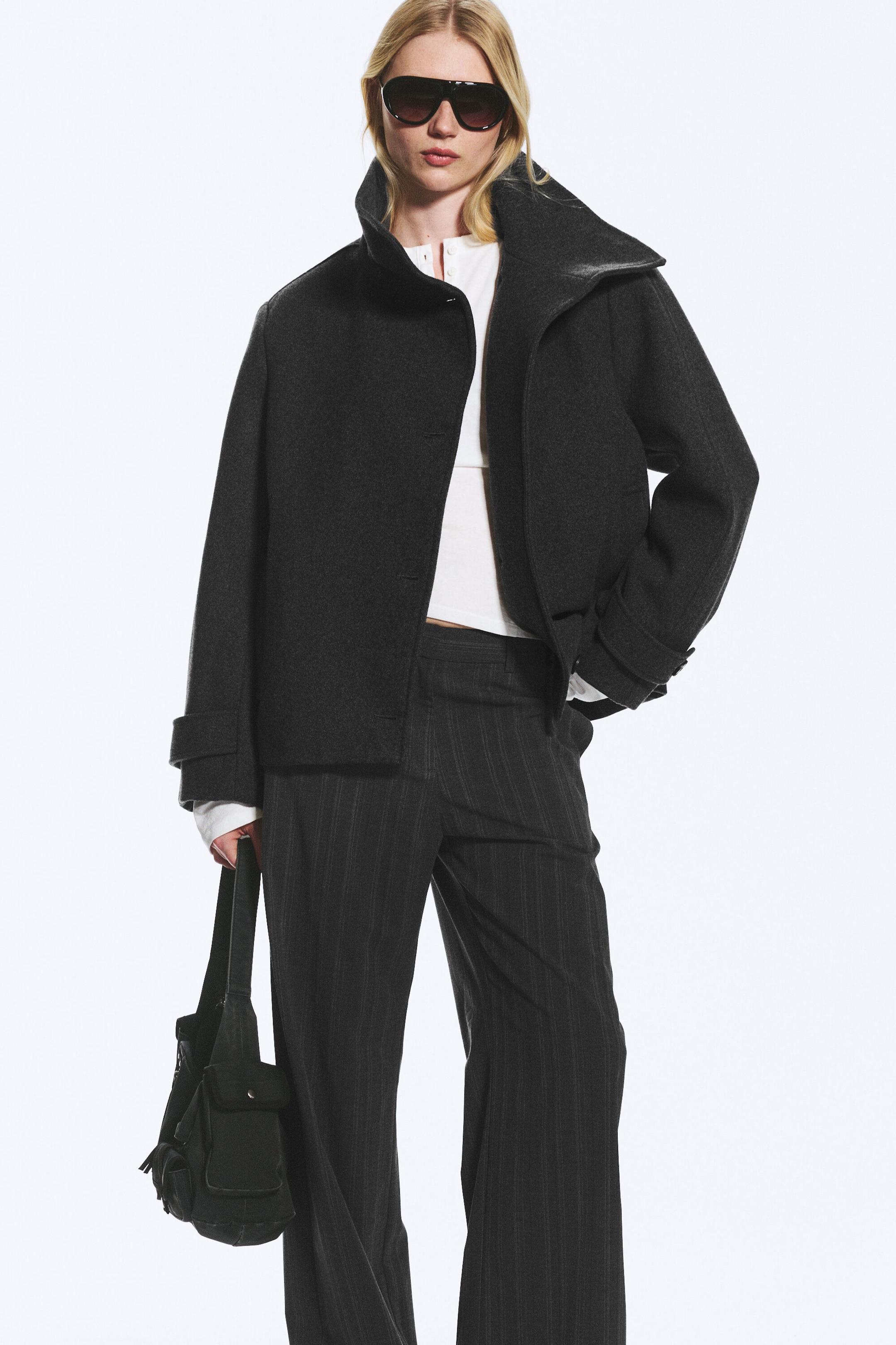 Dark Grey Melange - Funnel collar wool-blend jacket - 2