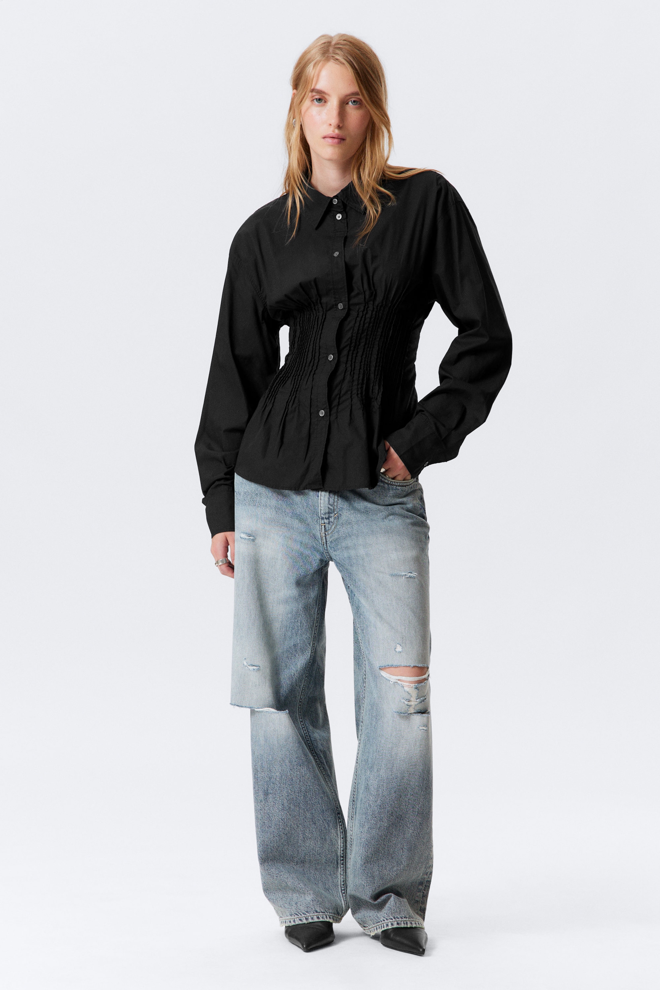 Black - Gathered Waist Cotton Poplin Shirt - 2