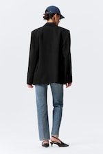 Black - Loose Fit Double-Breasted Linen-Blend Blazer - 4