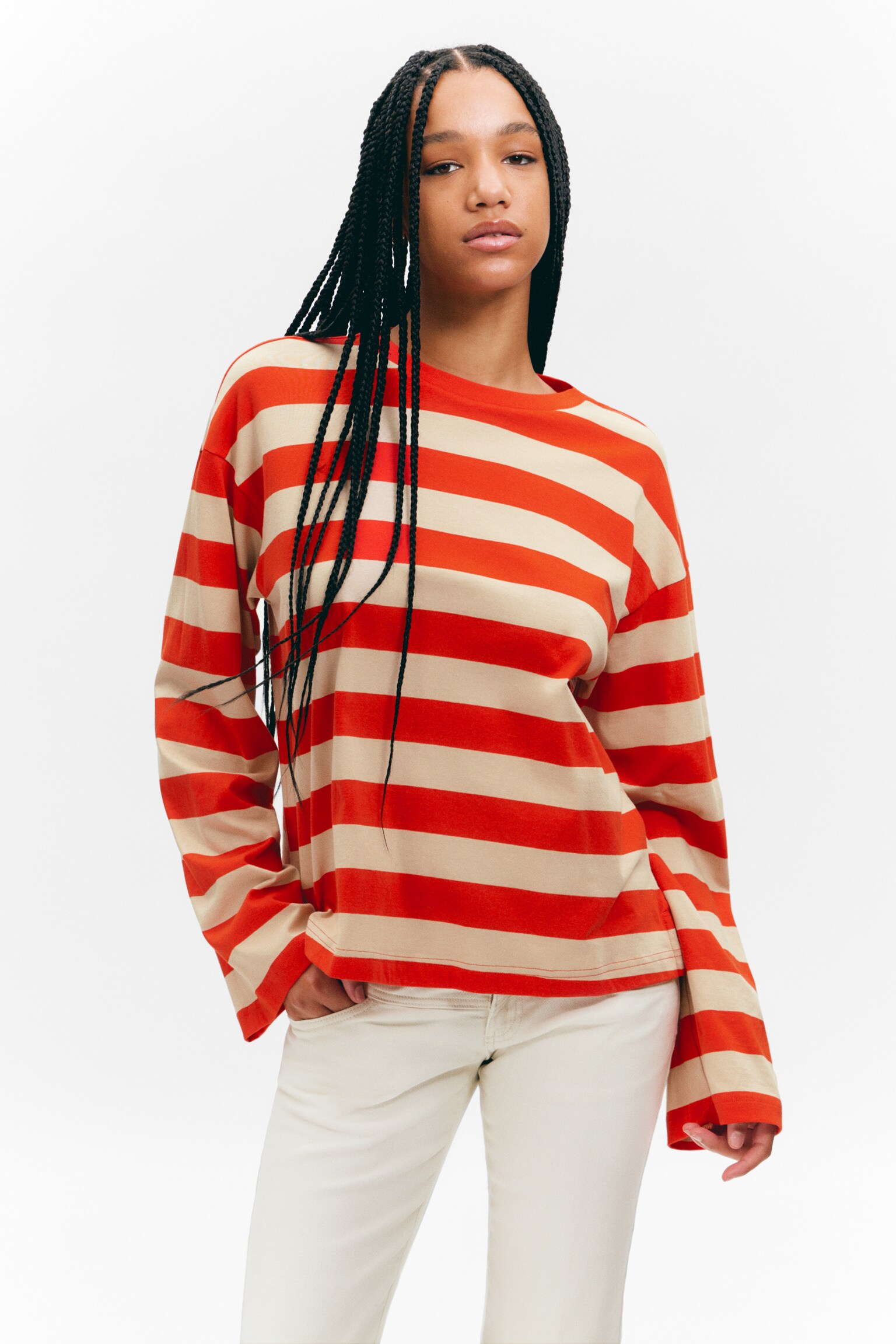 Long-Sleeved Cotton T-shirt - Bright Red & Beige Stripes/Blue & Burgundy Stripes/Pink Stripes - 1
