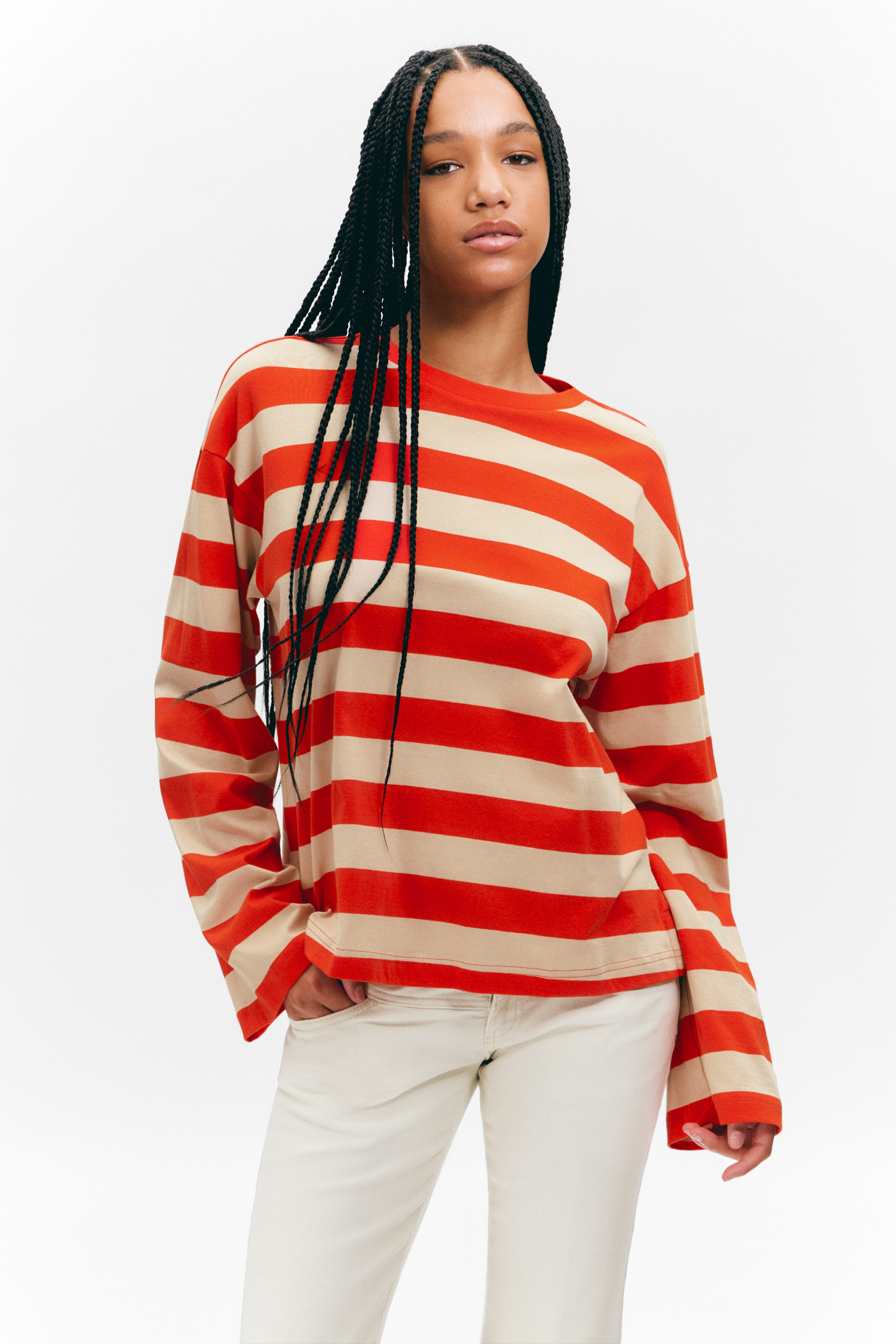 Bright Red & Beige Stripes - Långärmad bomulls-t-shirt - 1