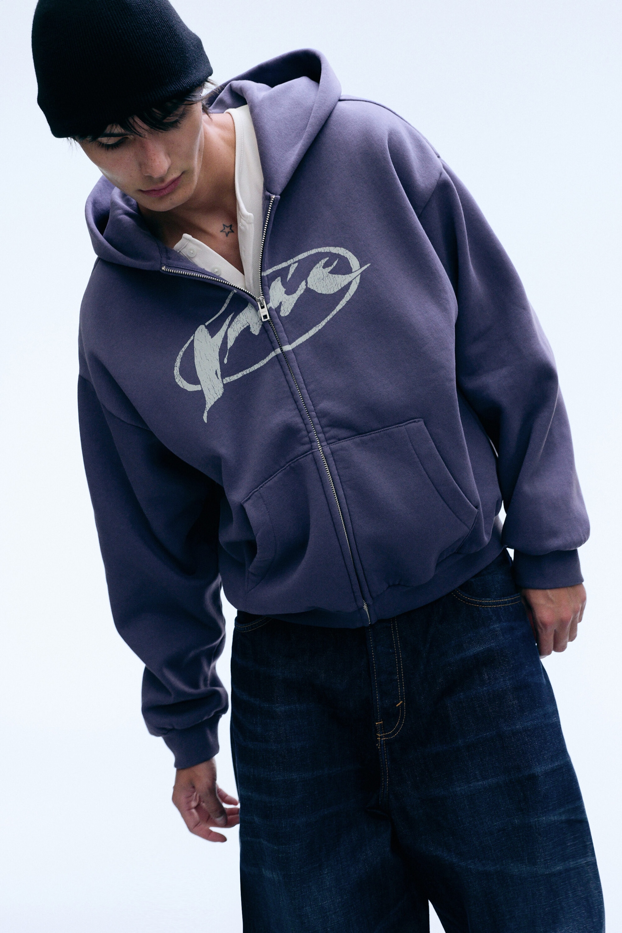 Dunkelviolett - Weiter Hoodie mit Reißverschluss und Print - 1