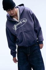 Dunkelviolett - Weiter Hoodie mit Reißverschluss und Print - 0