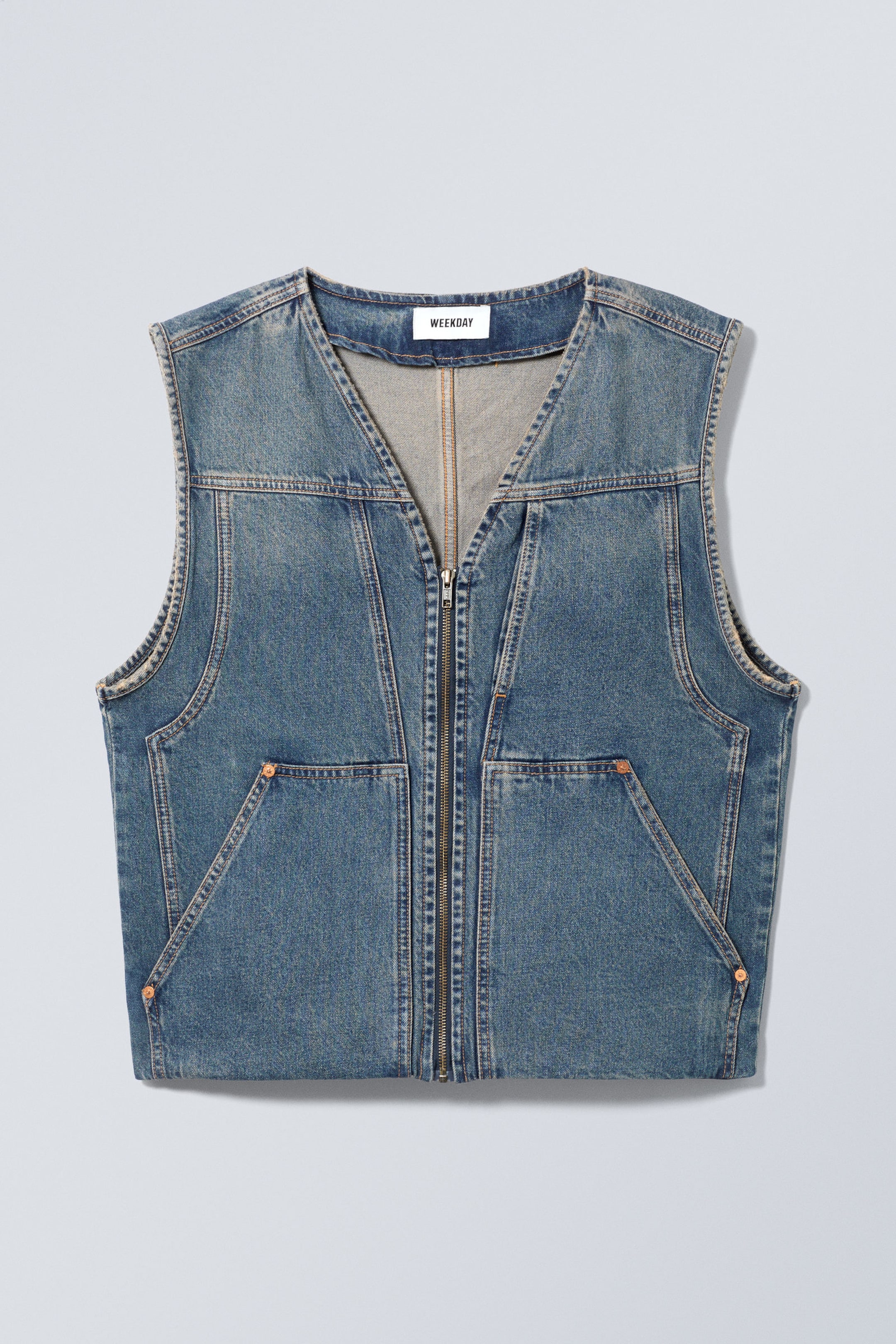 Staalblauw - Denim workwear bodywarmer met rits - 0