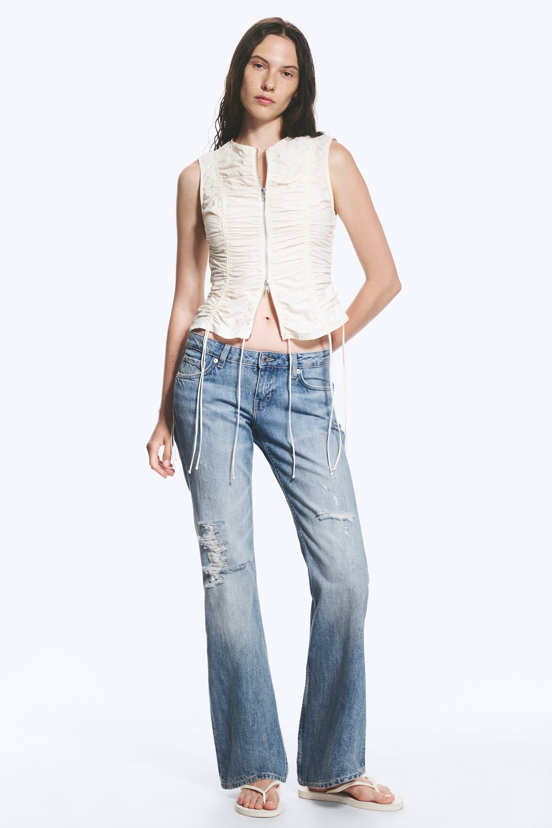 White - Ruched Zip Cotton Poplin Top - 2