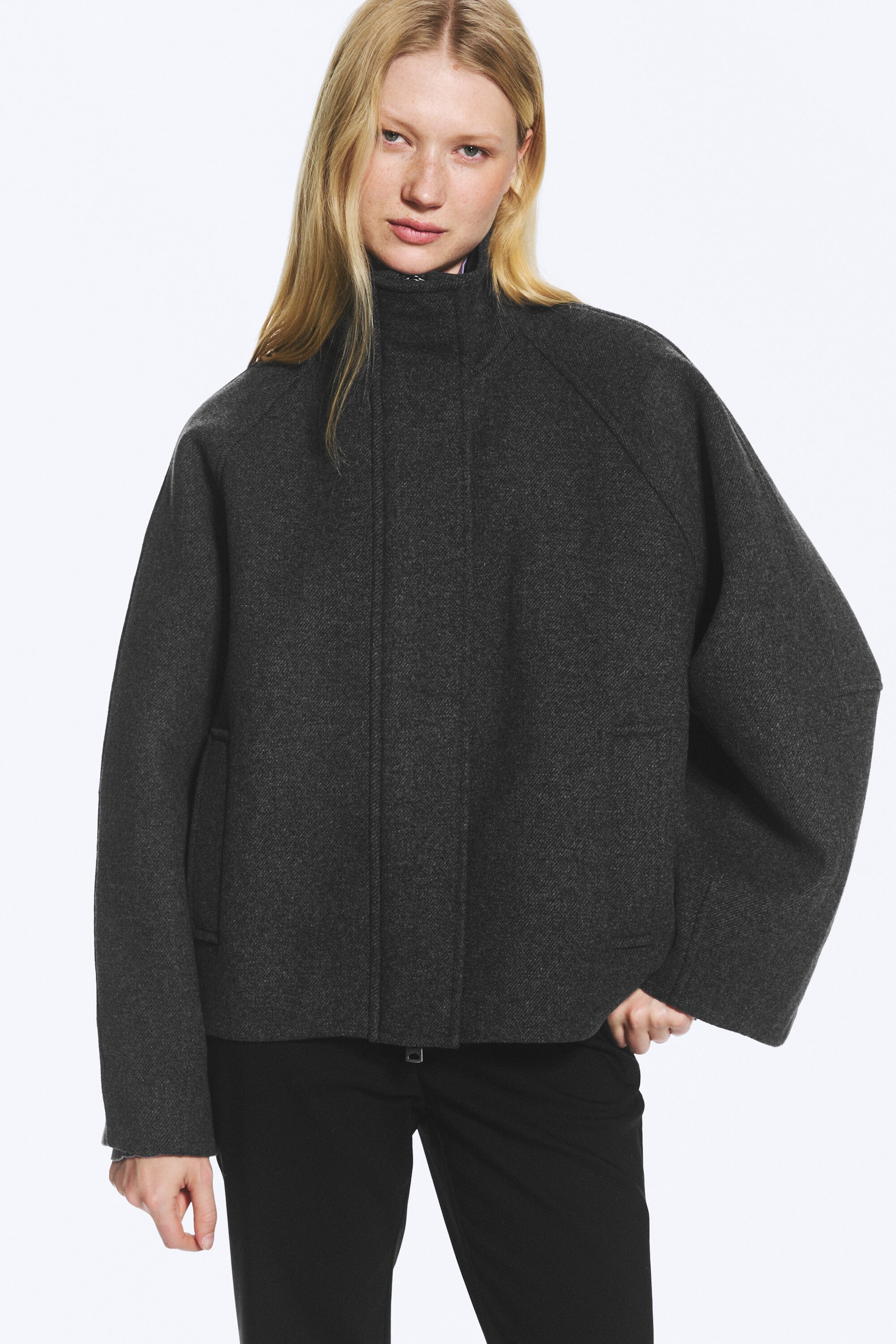 Dark Grey Melange - Wool-blend funnel jacket - 4