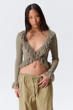 Dusty Khaki Green - YULIA B FRILLED KNITTED V-NECK CARDIGAN - 0