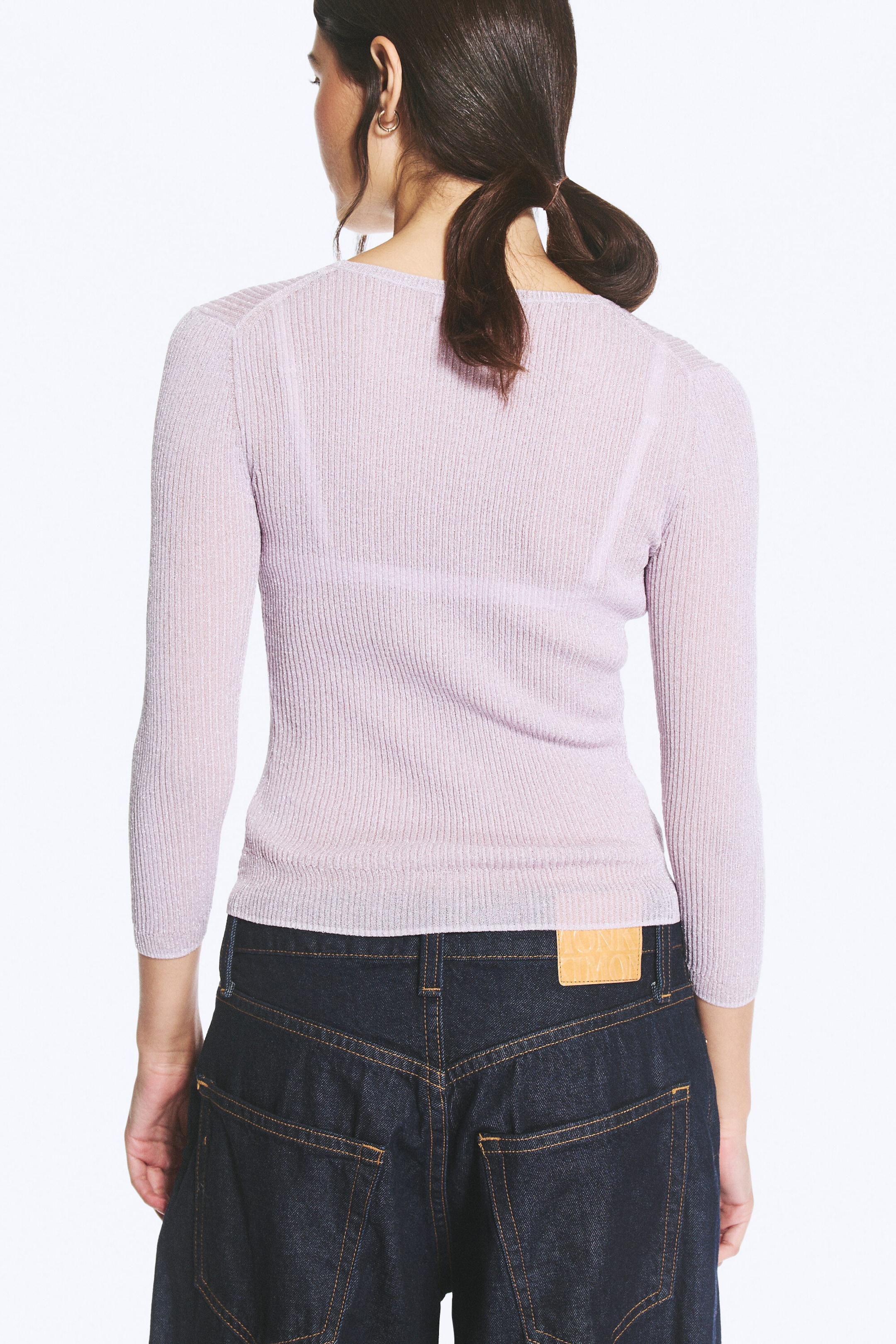 Rose clair - Pull ajusté en maille à col en V - 3