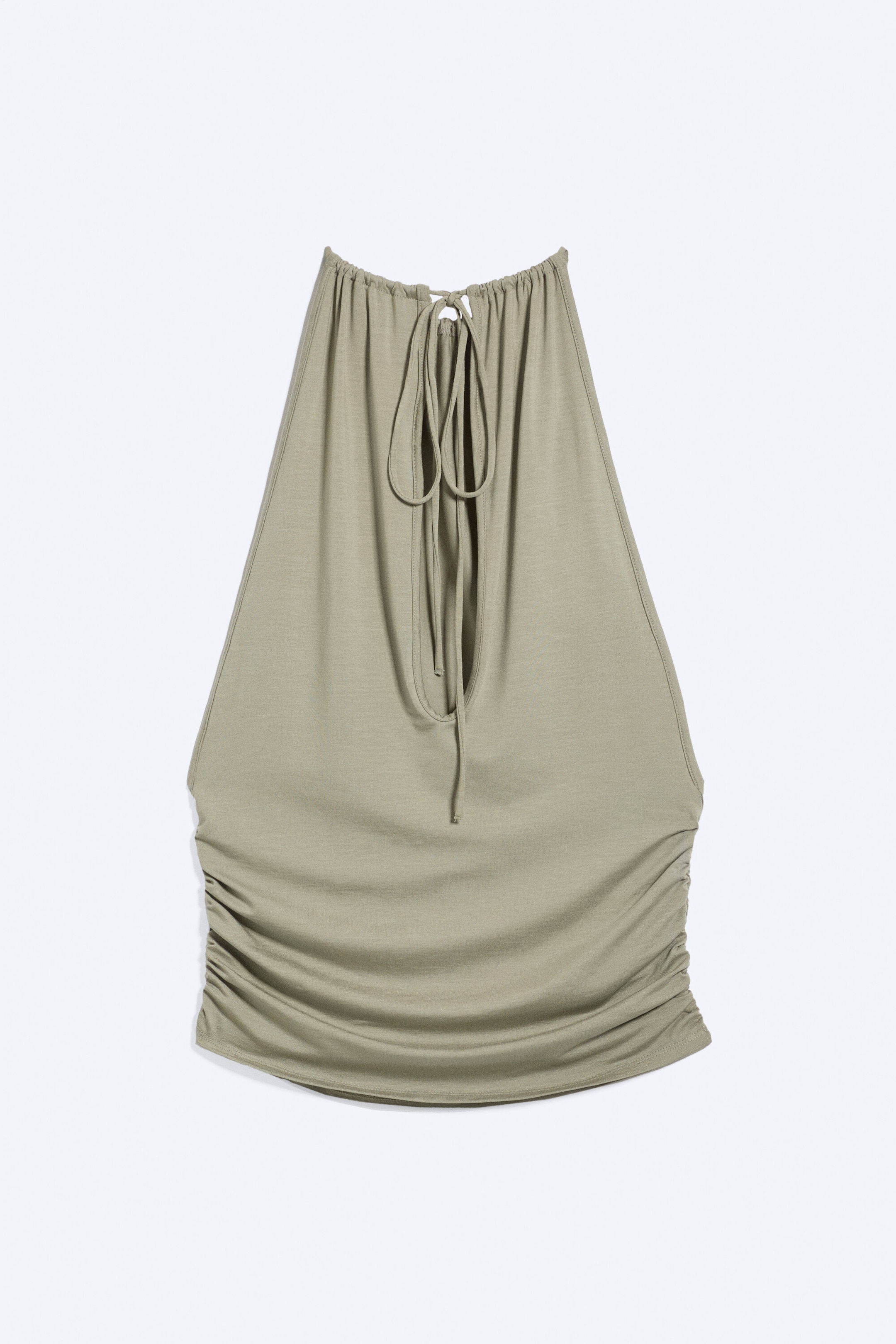 Staubiges Khakigrün - Ärmelloses Neckholder-Top mit Raffungen - 5