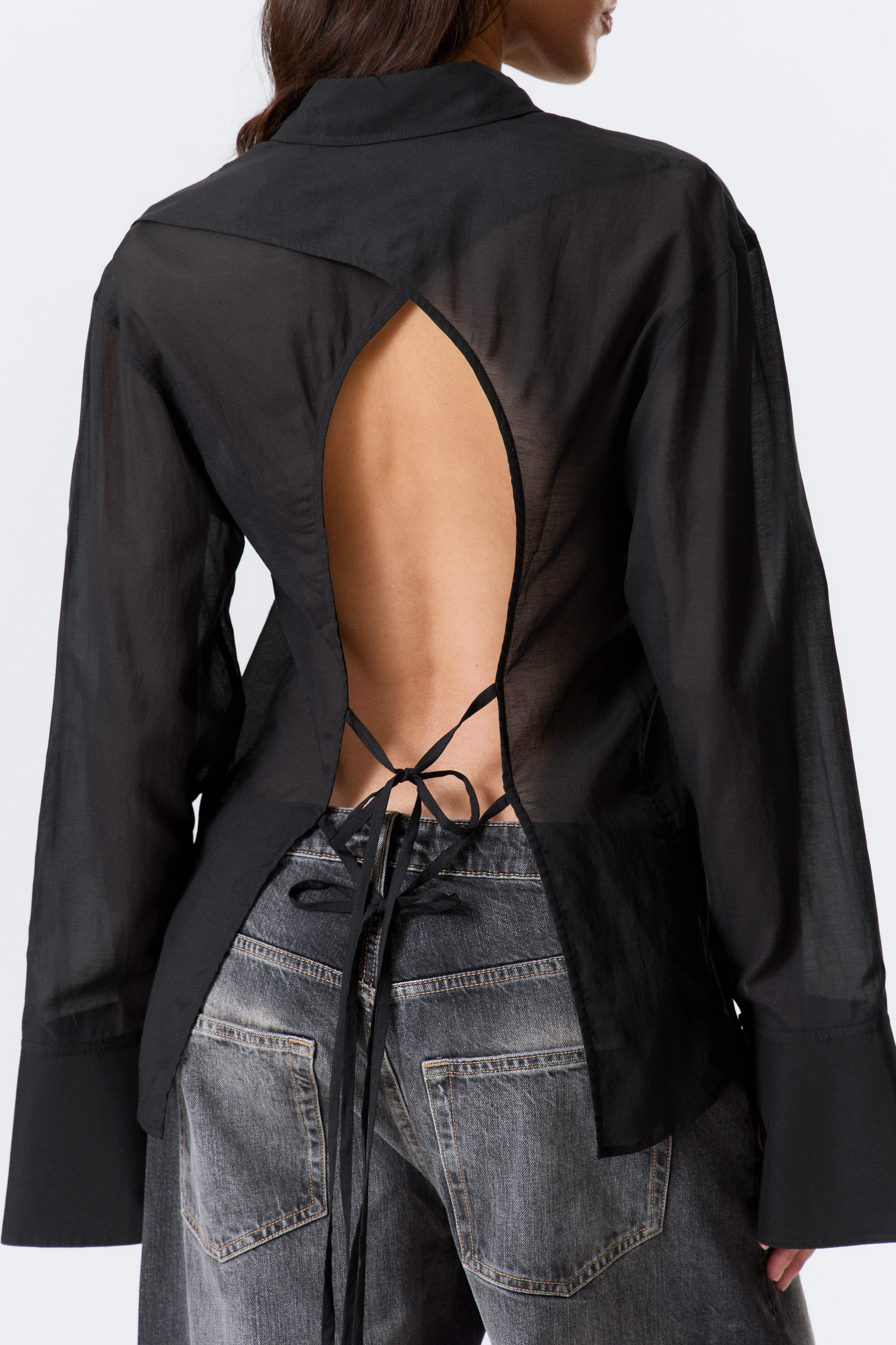 Black - Long-Sleeved Open Back Tie Shirt - 4