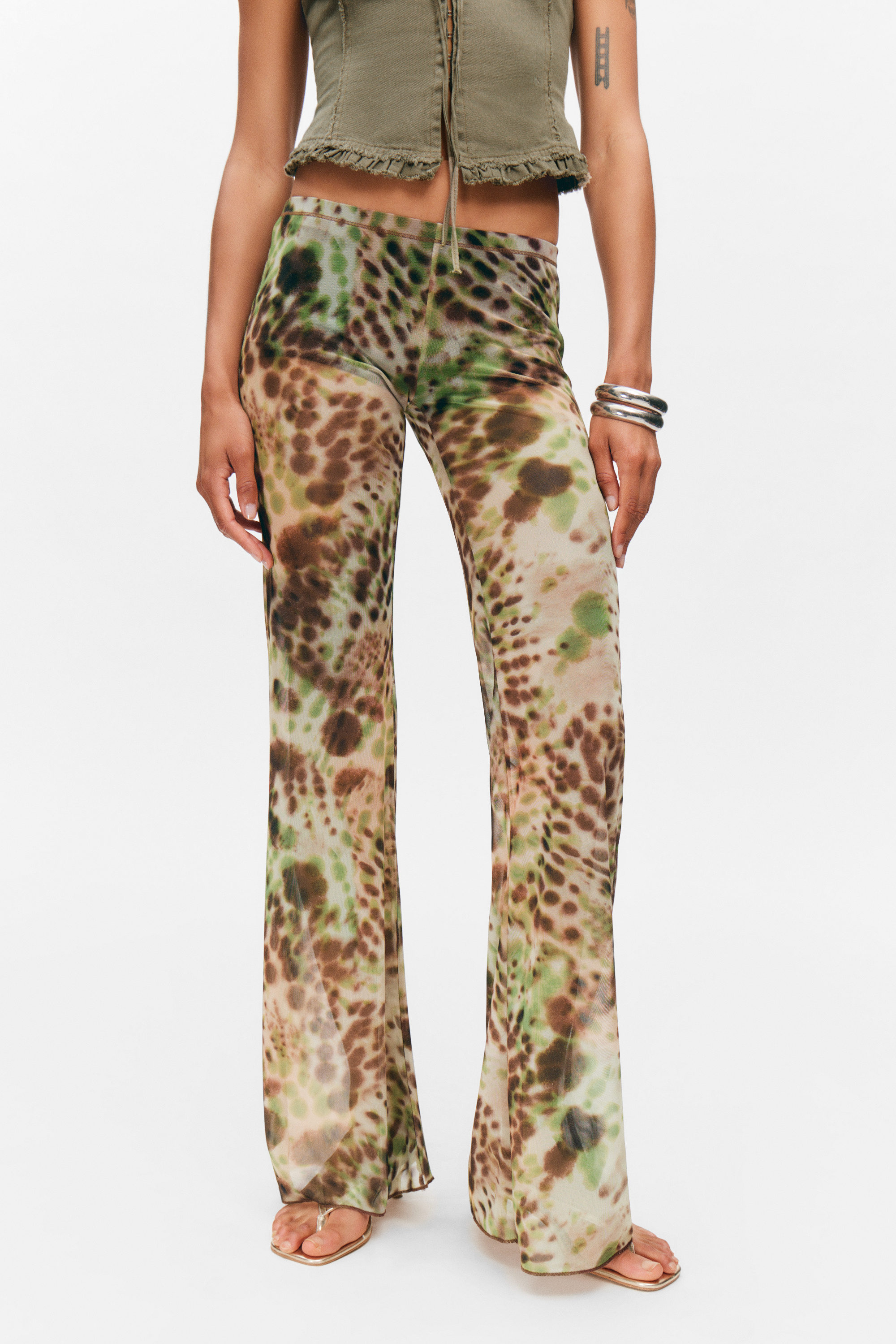 Brown & Green - Floral Dots - Flared Printed Mesh Trousers - 2