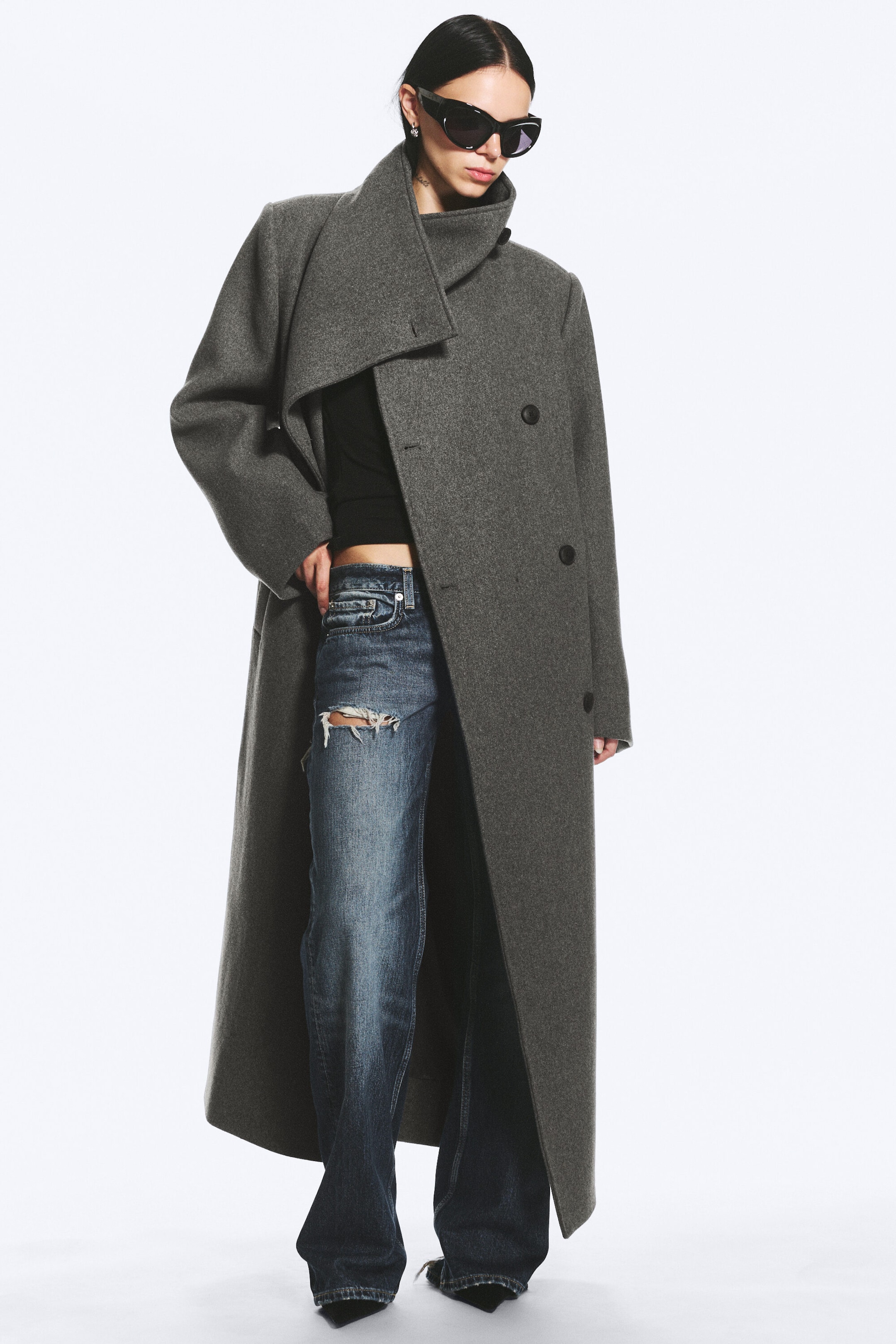 Dark Grey Melange - Oversized kåpe i ullblanding med traktkrage - 2