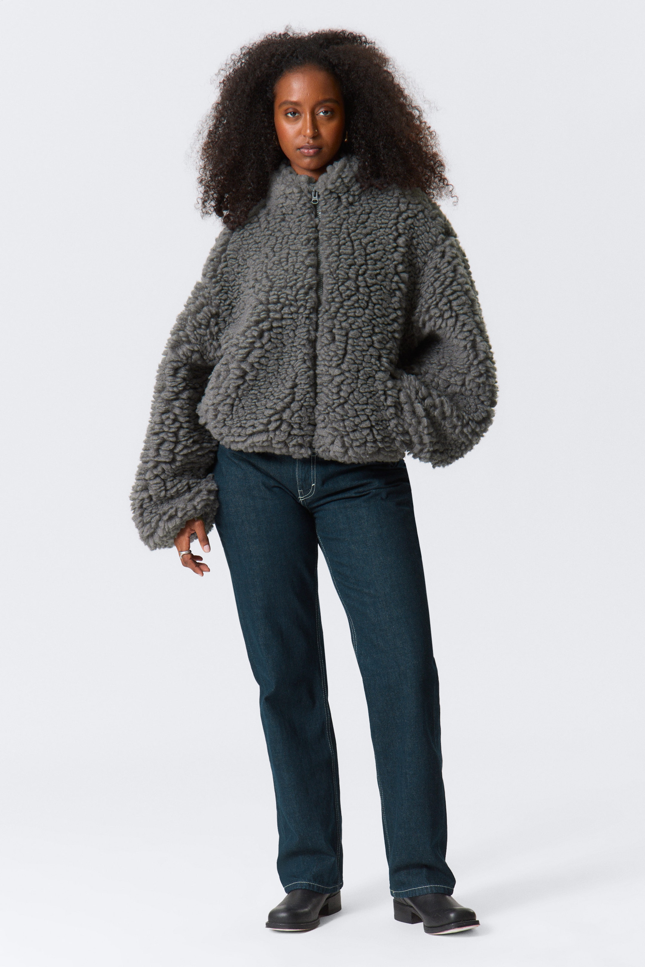 Zachtgrijs - Oversized pluizig jack met rits - 2