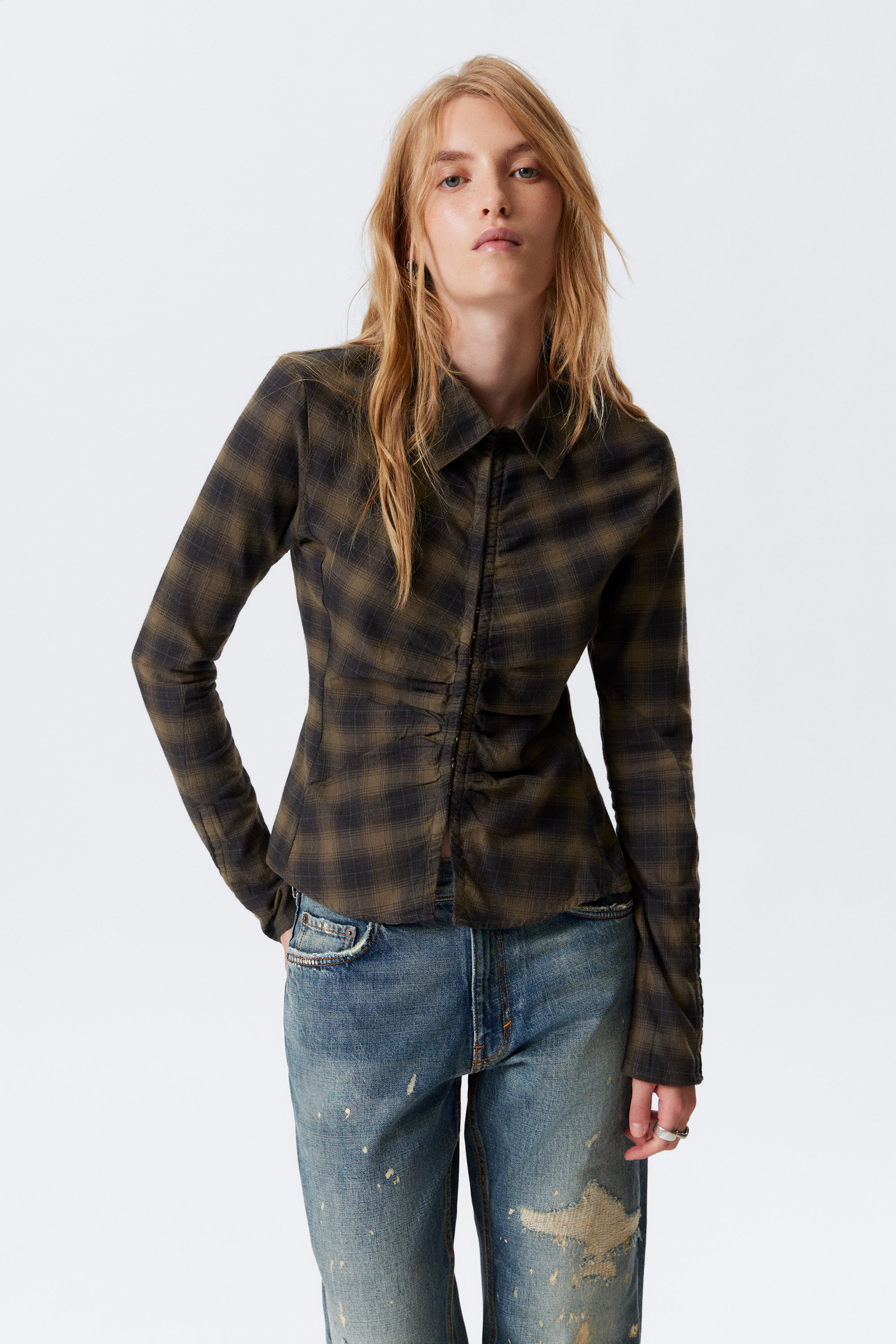 Checked Dark Brown - Long-Sleeved Fitted Satin Shirt - 2