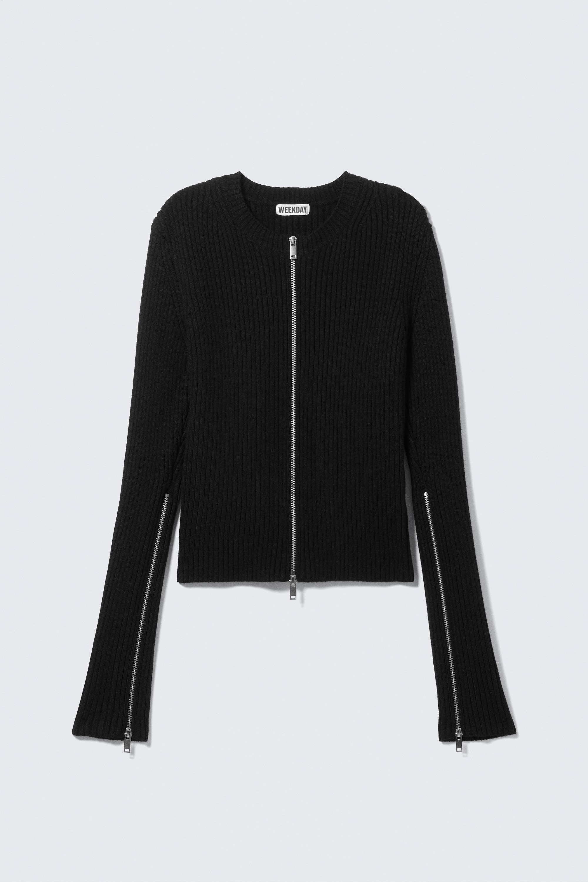 Ribbed Fitted Zip Cardigan - Black
