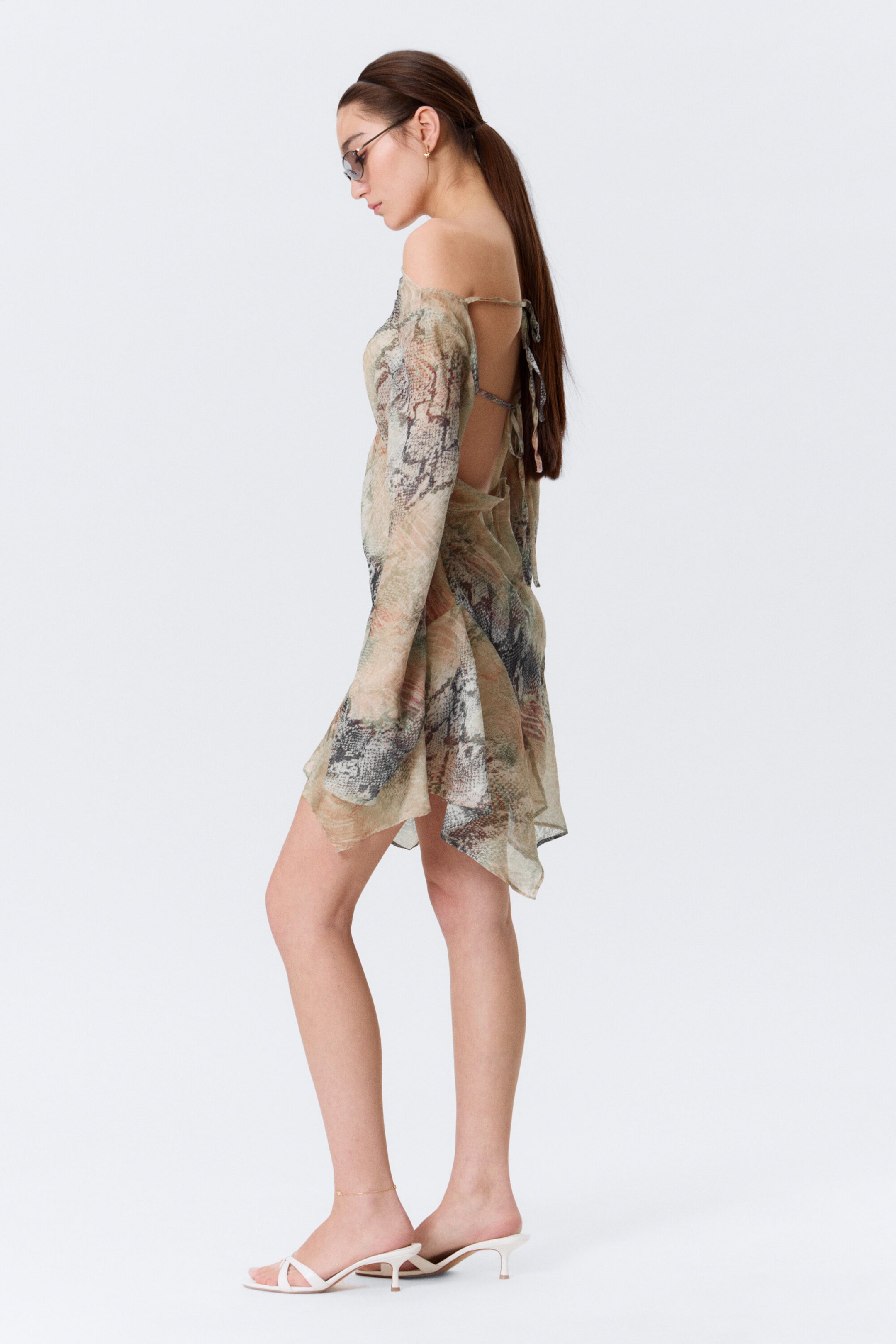 Beige - Snakeskin-patterned - Long-Sleeved Asymmetric Satin Mini Dress - 2
