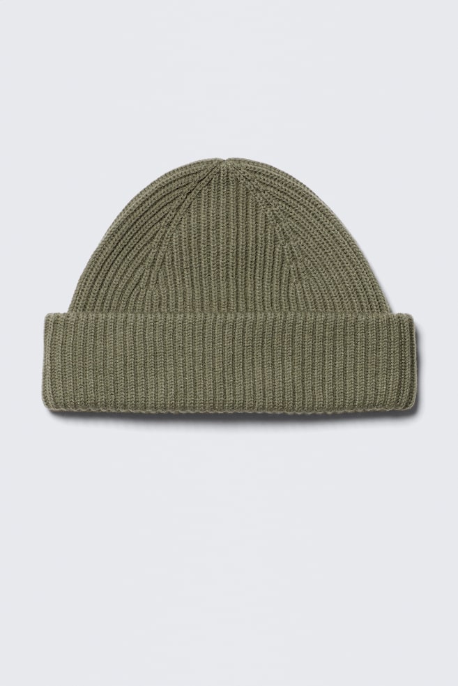 Fold Knit Wool Blend Beanie - Khaki Green - 1