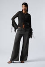 Dark Grey - Crinkle Low Waist Loose Fit Trousers - 0