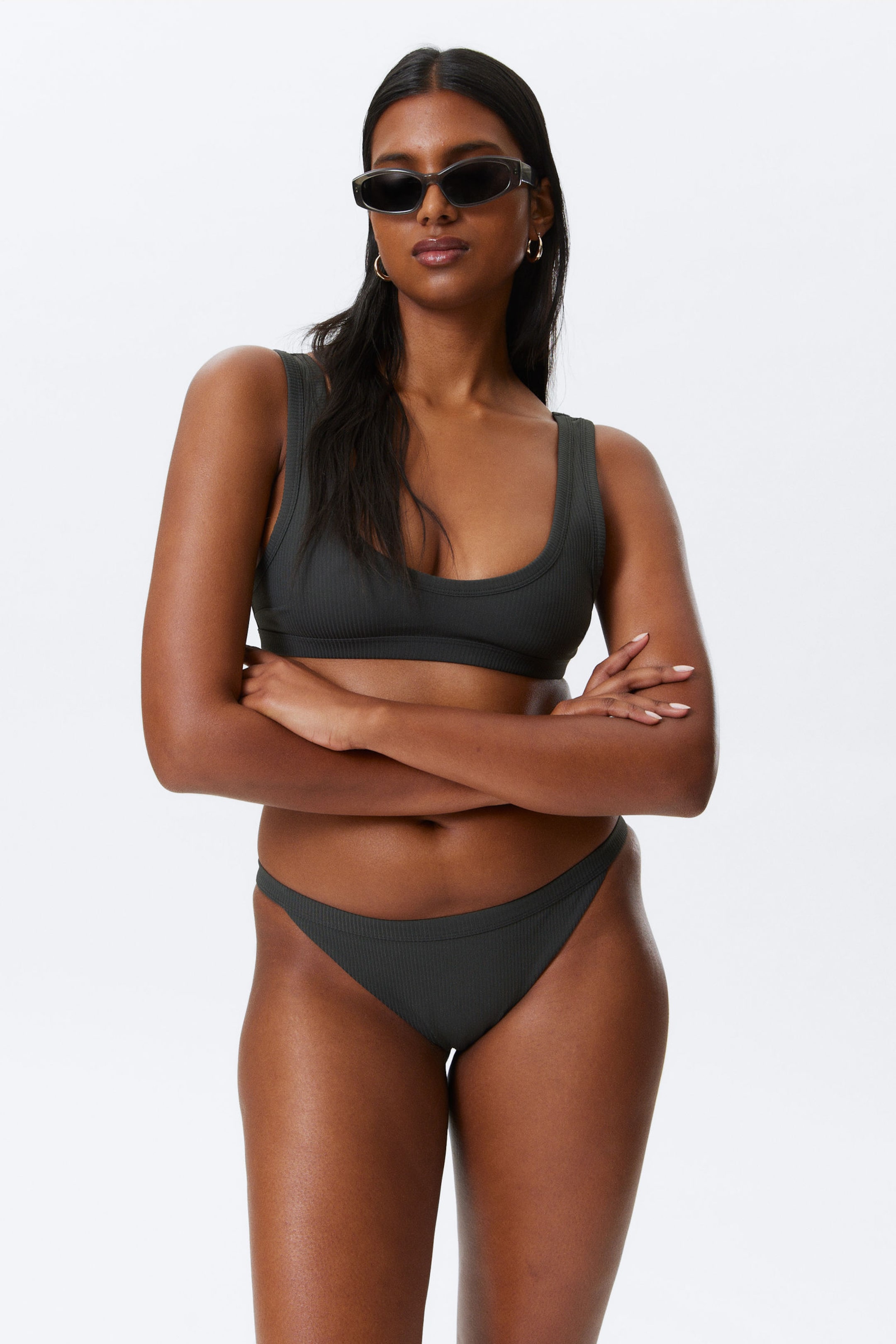 Dark Grey - Low Rise Ribbed Brazilian Bikini Bottoms - 1
