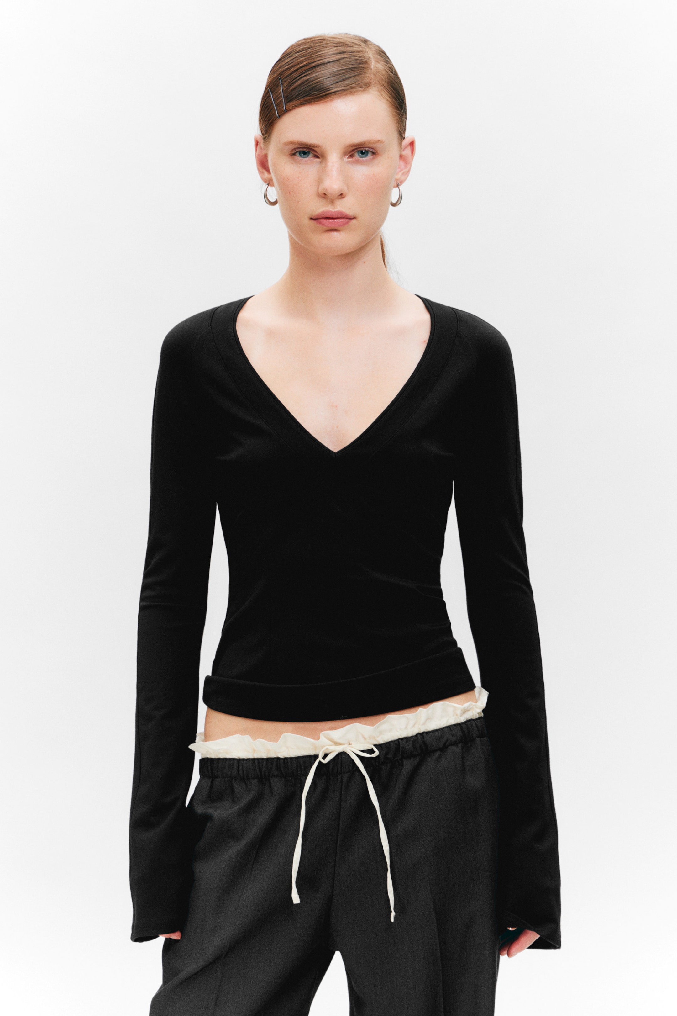 Black - Fitted Flare-Sleeved V-Neck Top - 1