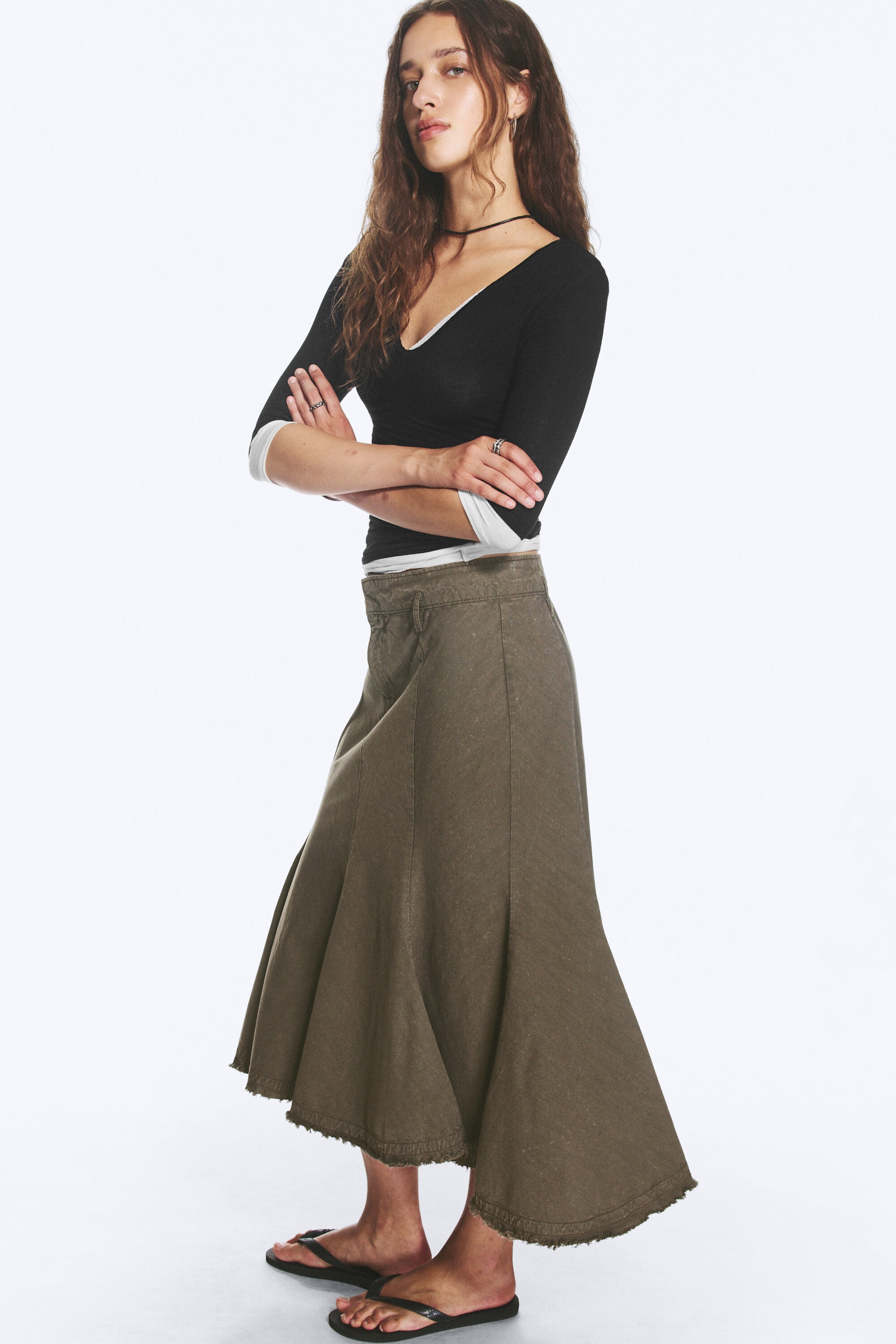 Dark Mole - Frayed cotton midi skirt - 2